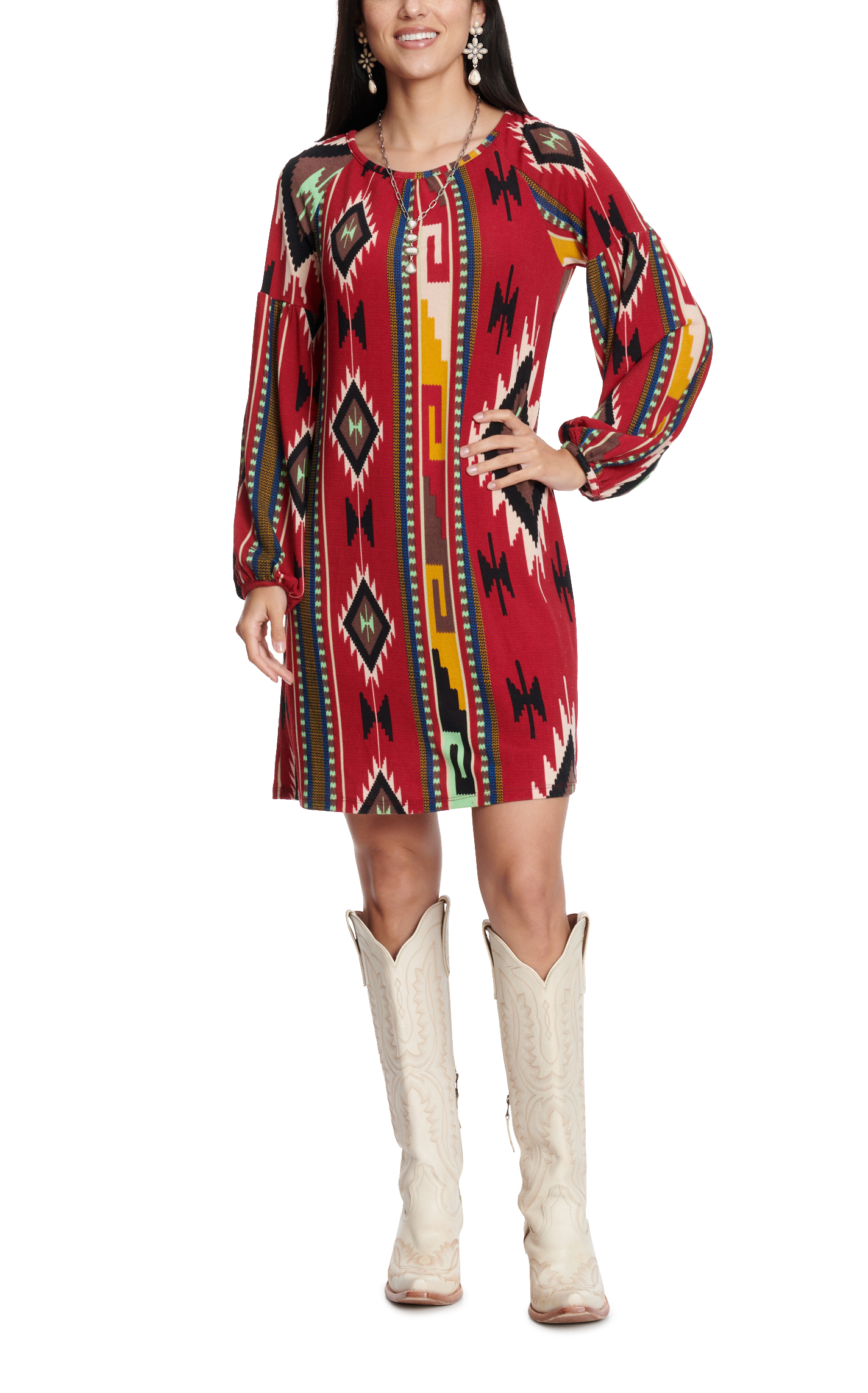 R.Rouge Women's Red Aztec Print Soft Sweater Dress - Image 1