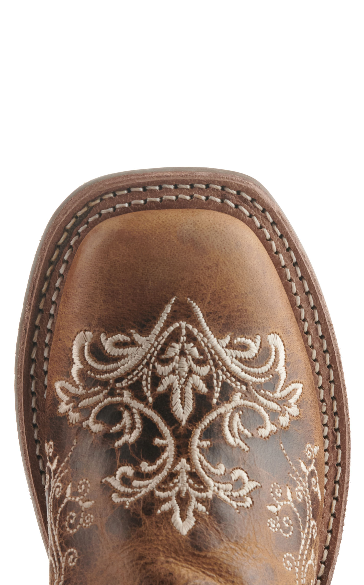 Old West Kids' Burnt Tan with Cream Embroidery Wide Square Toe Cowboy Boots - Image 1