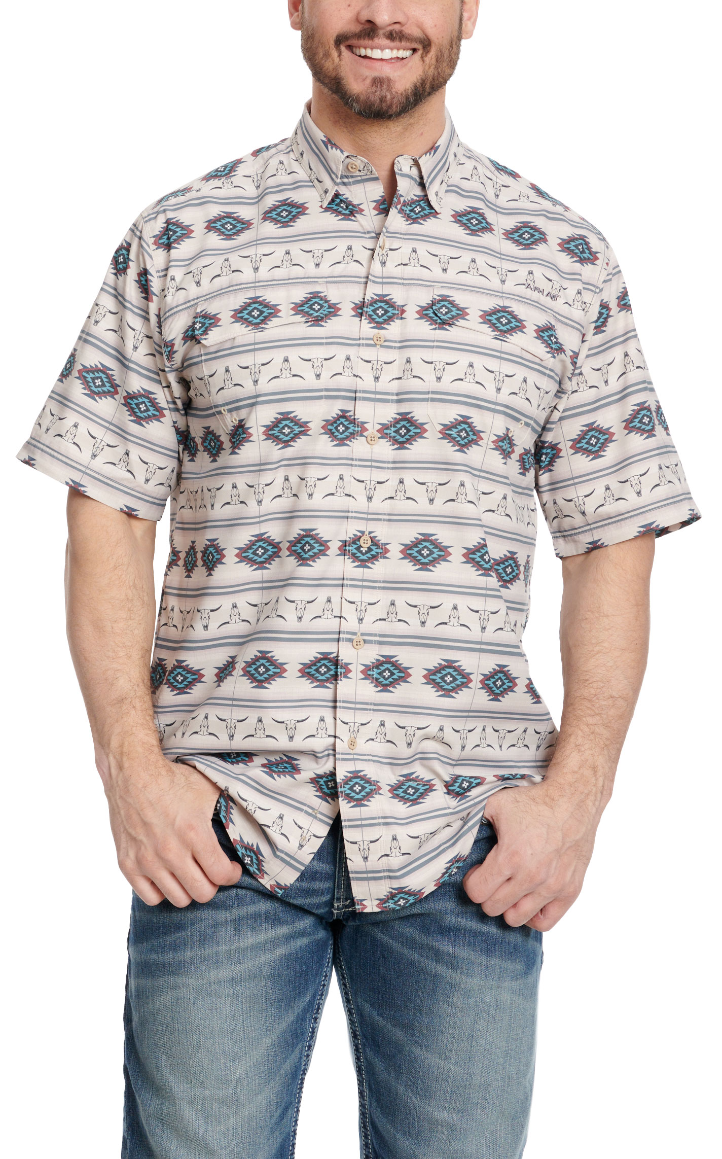 Ariat Men's VentTEK Outbound Desert Sand & Aztec Skull Print Short Sleeve Shirt - Image 1