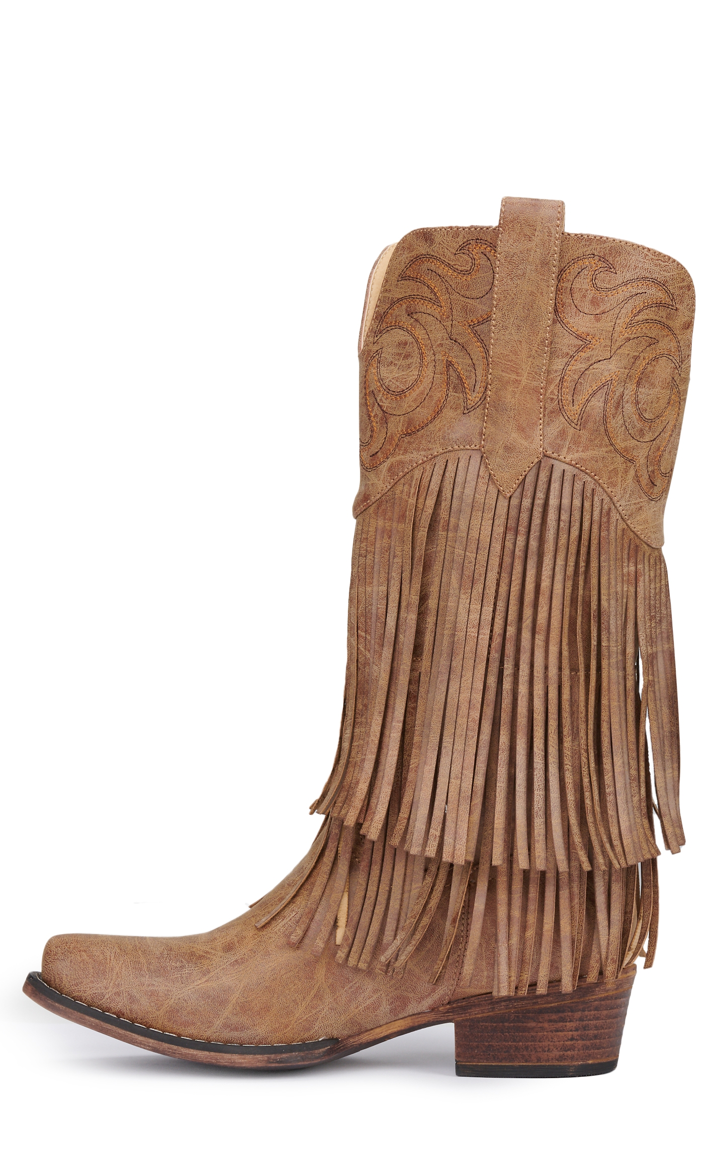 Roper Women's Tan Faux Leather with Fringe Snip Toe Boots - Image 1