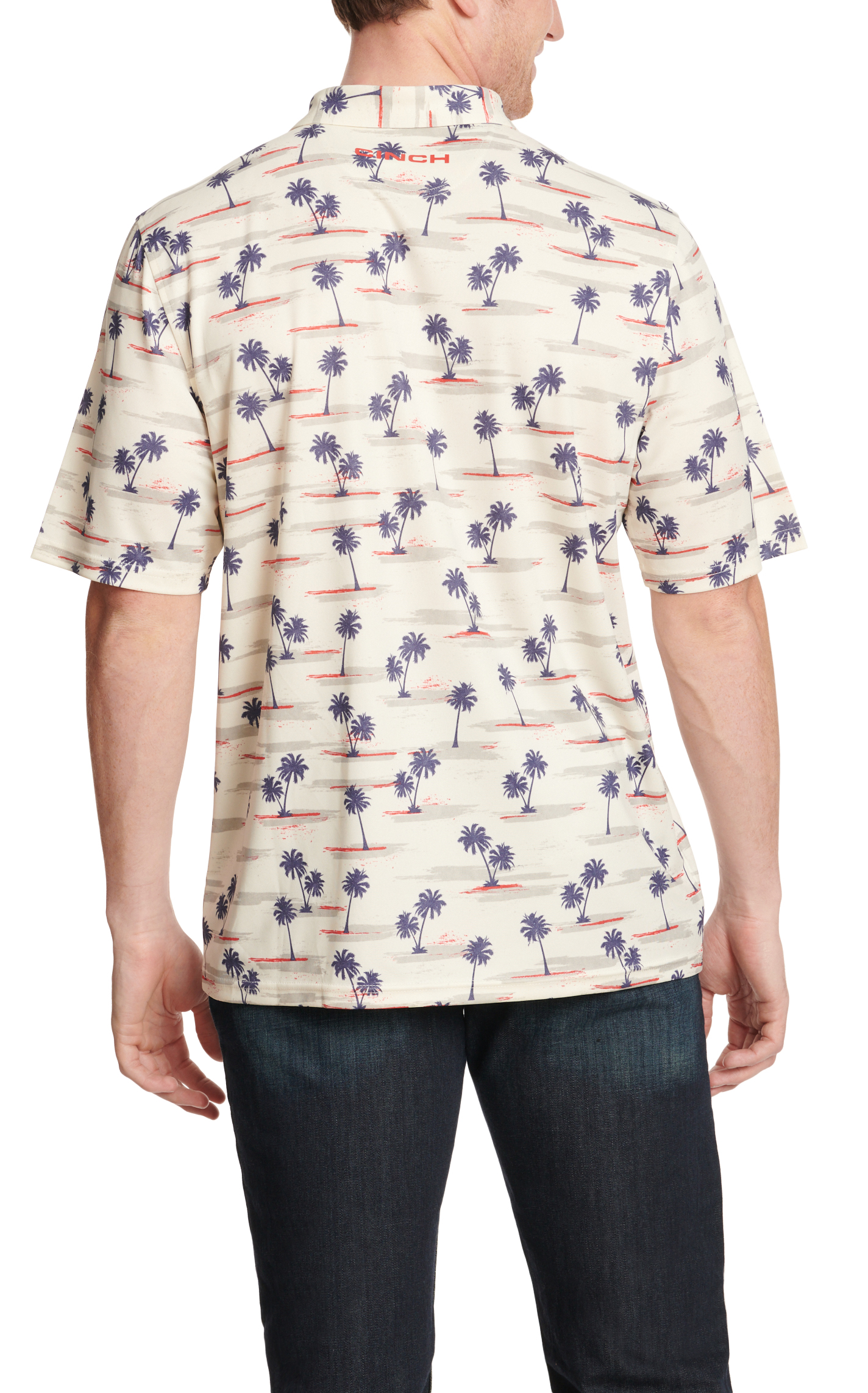 Cinch Men's Cream & Navy Palm Tree Print ArenaFlex Short Sleeve Polo Shirt - Image 1