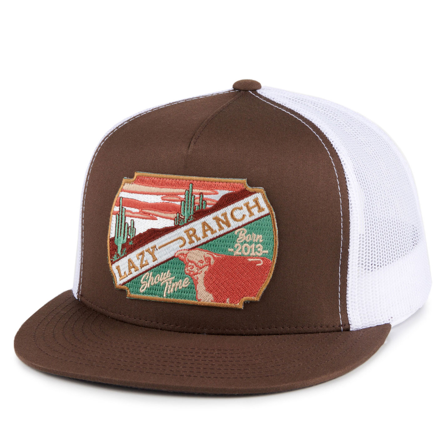 Lazy J Ranch Brown & White with Desert Bull Embroidered Patch Cap - Image 1
