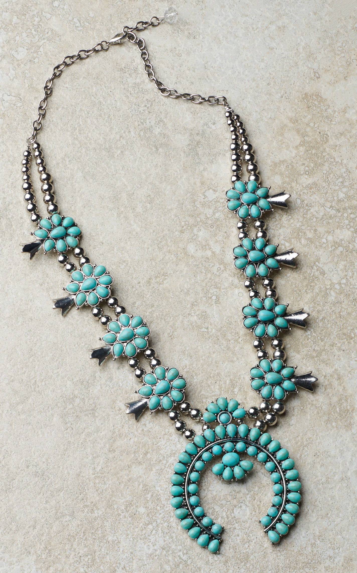 Rockin C Silver & Turquoise Teardrop Stone Squash Blossom Jewelry Set - Image 1