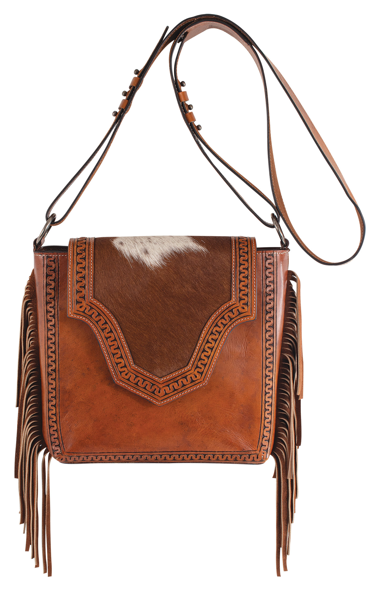 Justin Brown Hair Flap Fringe Crossbody Saddlebag - Image 1