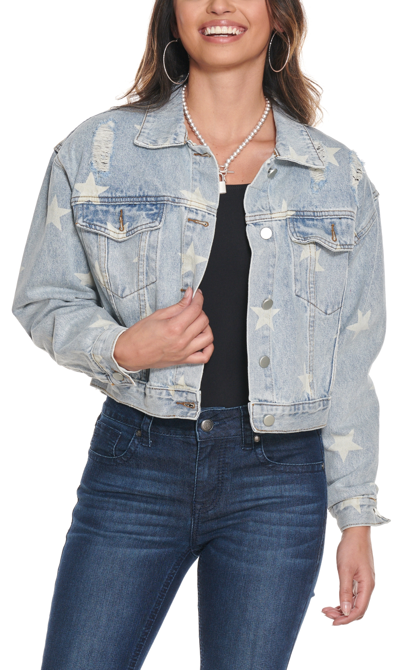 Blue B Women's Light Wash White Star Print Distressed Denim Jacket - Image 1