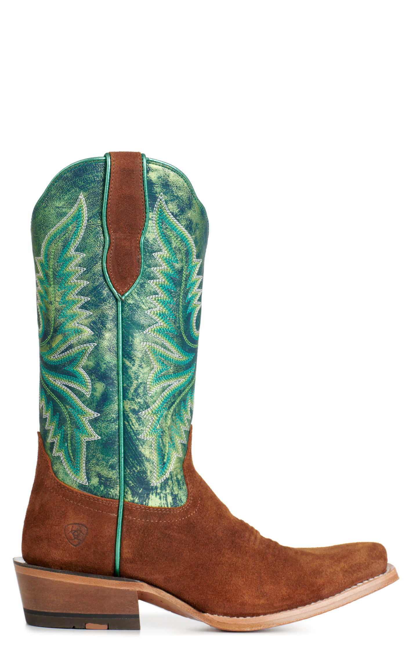 Ariat Women's Futurity Flash Brown Roughout and Metallic Green Punchy Square Toe Cowboy Boots - Image 1