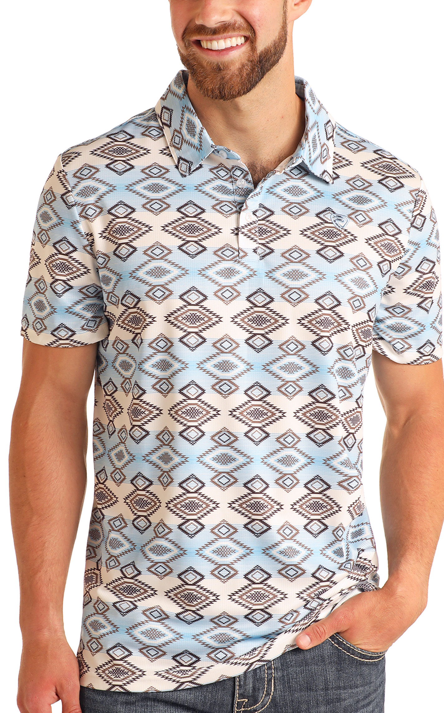 Rock & Roll Denim Men's White and Light Blue Aztec Print Polo - Image 1