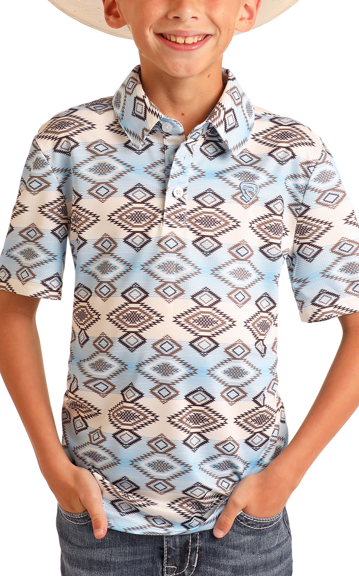 Rock & Roll Denim Boy's Sky & Coffee Aztec Polo Shirt - Image 1