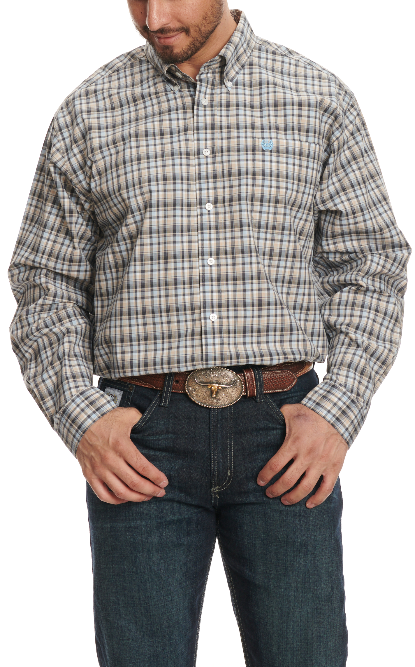 Cinch Men's Pale Blue Latte & Black Plaid Western Shirt - Image 1