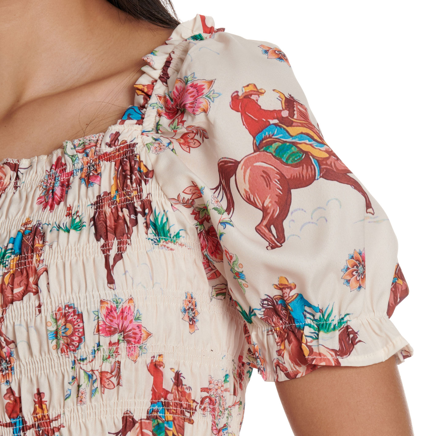 Fashion Express Women's Beige Cowboy Print Smocked Top - Image 1