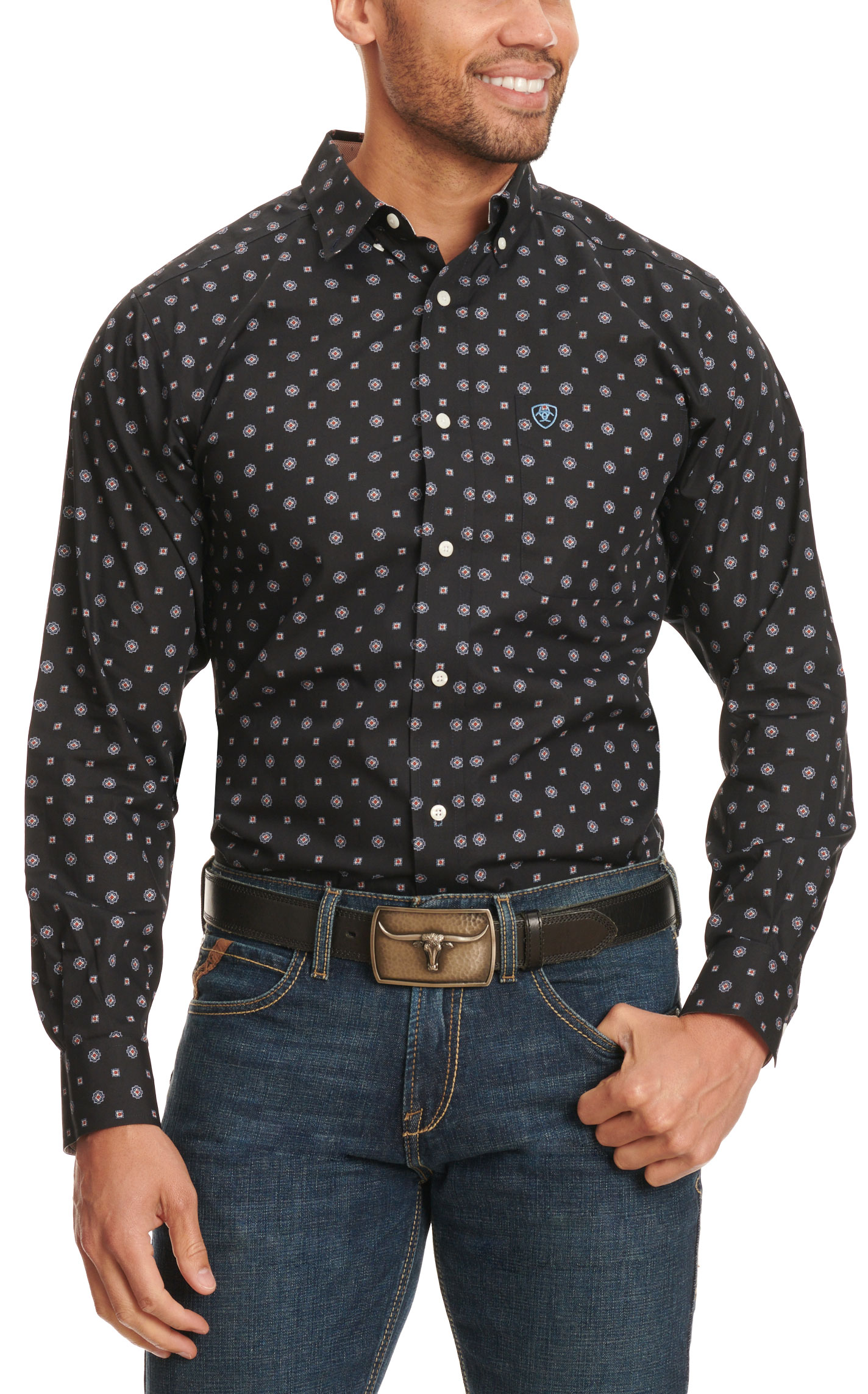 Ariat Men's Lenox Black Blue & Red Geo Print Western Shirt - Image 1