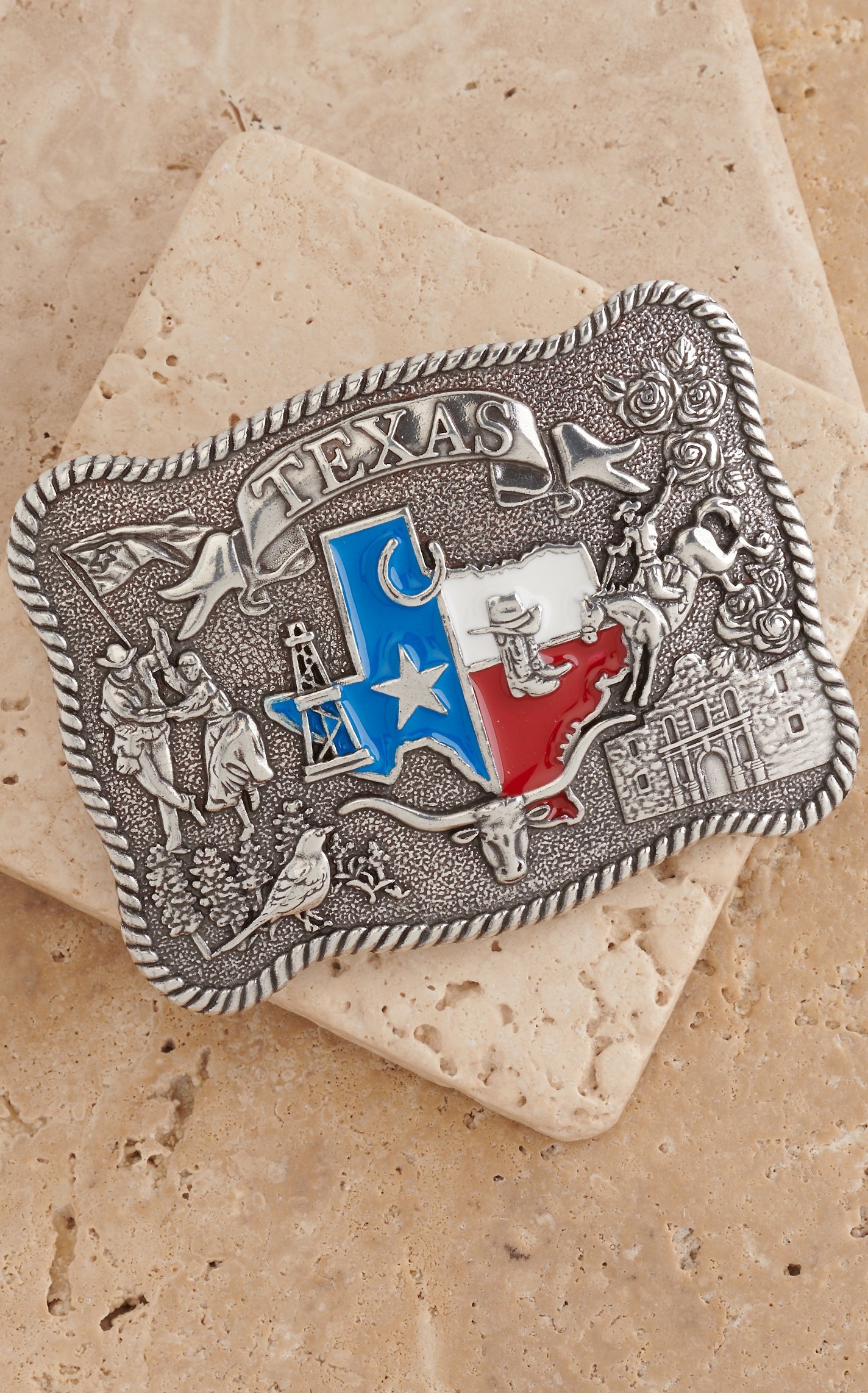 Nocona Silver Rectangle Texas Flag Belt Buckle - Image 1