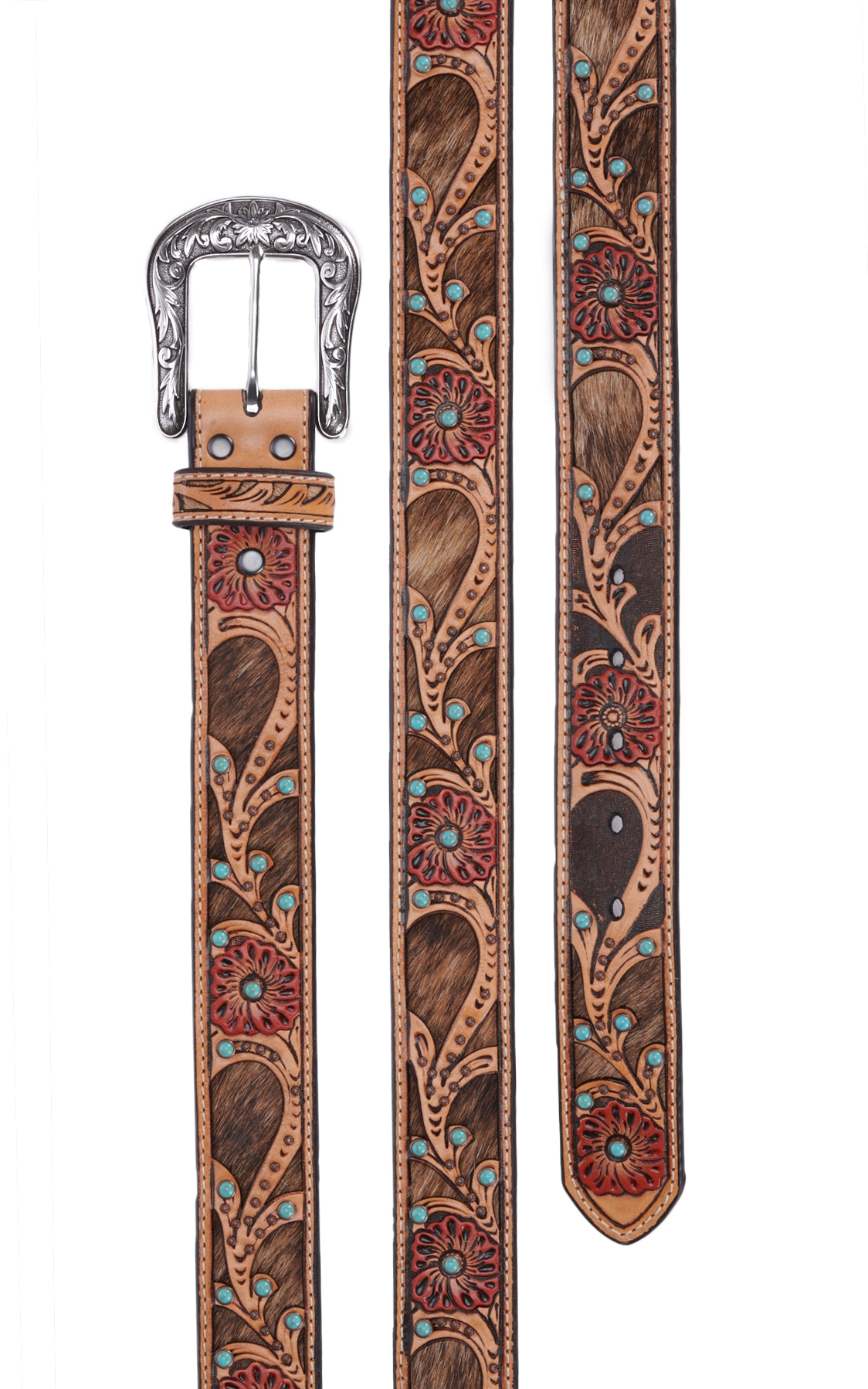 Ariat Women's Red Flower with Cowhide Inlay and Turquoise Embellishments Tooled Belt - Image 1