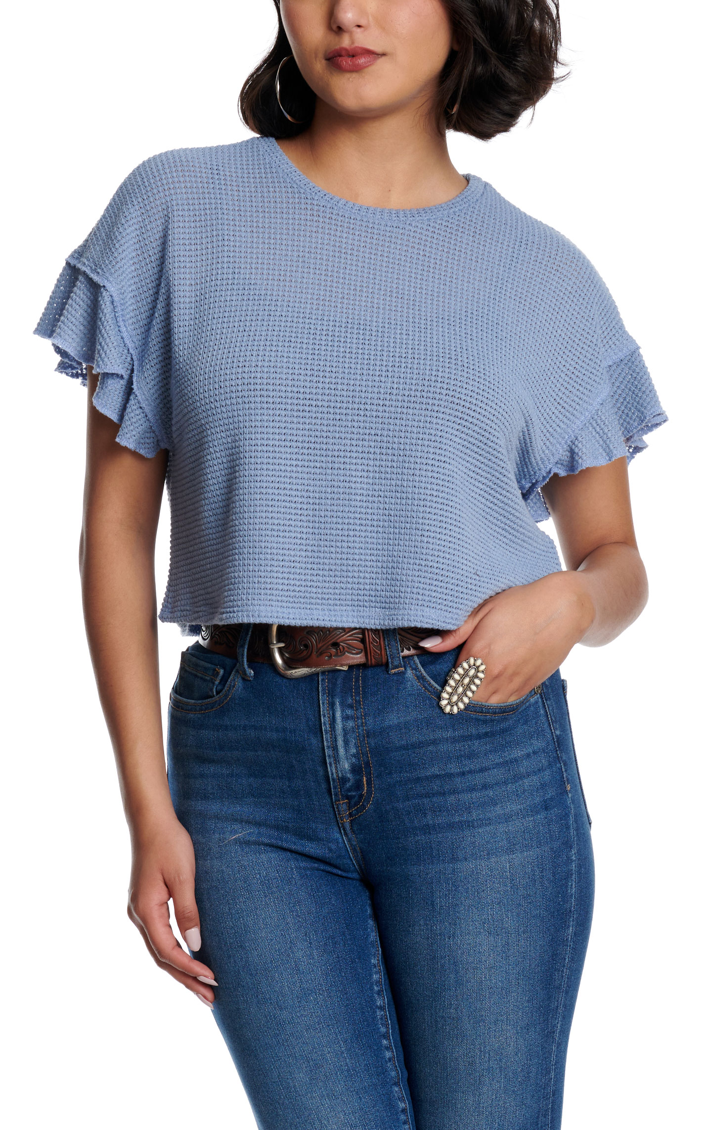 Moa Moa Women's Denim Blue Ruffle Sleeve Knit Cropped Top - Image 1