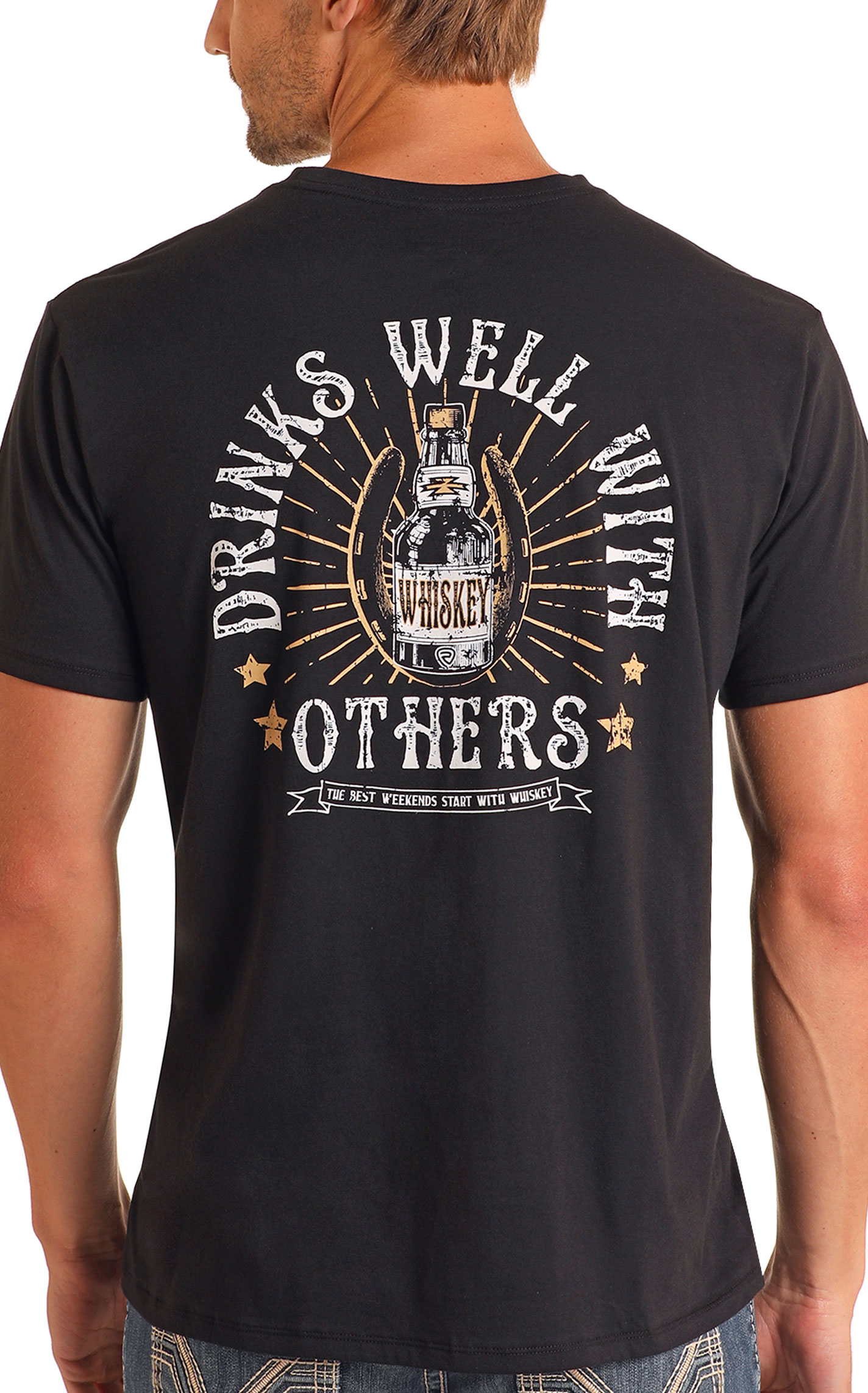 Rock & Roll Denim Men's Black Drinks Well Graphic T-Shirt - Image 1