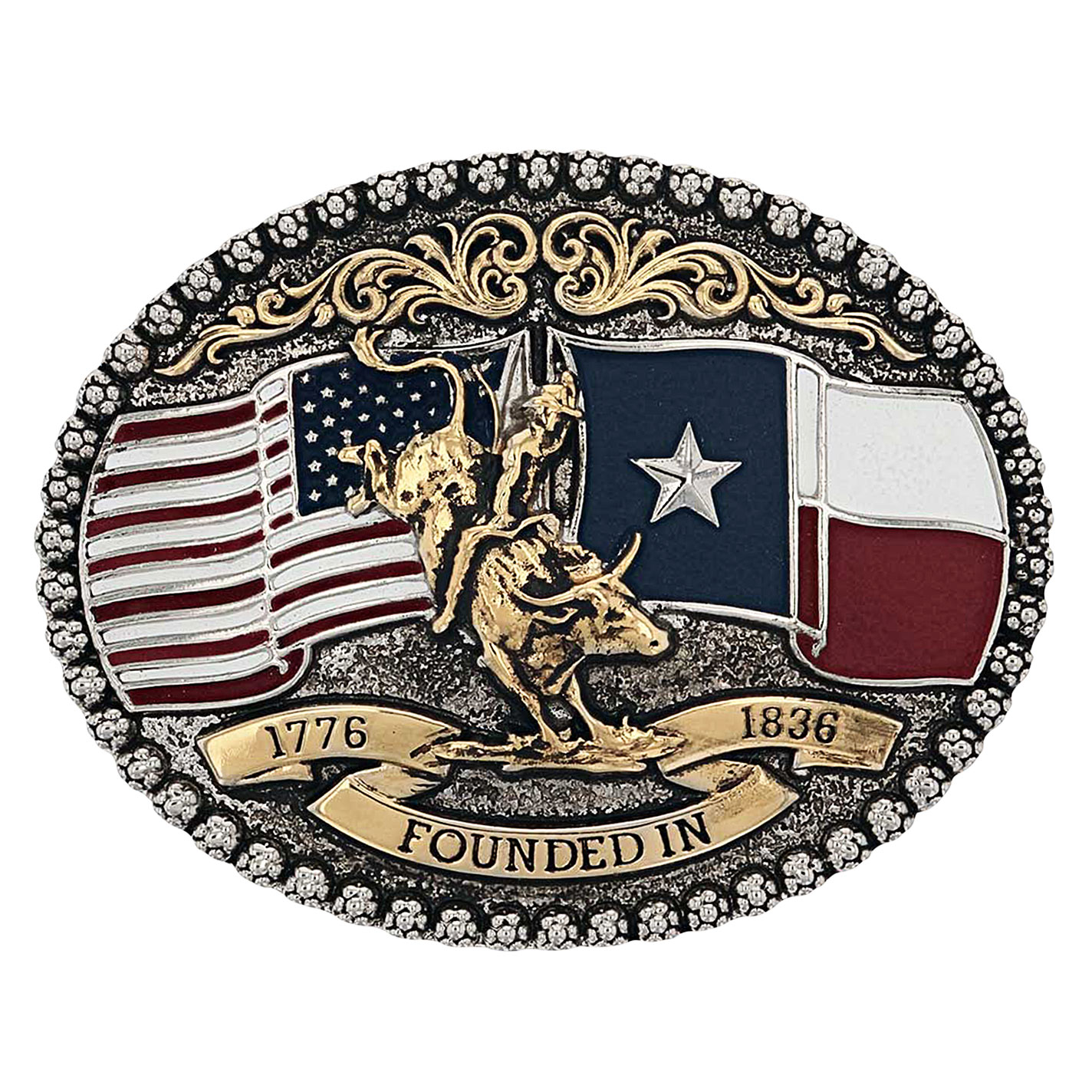 Montana Silversmiths Silver Gold Flags and Bull-Rider Belt Buckle - Image 1