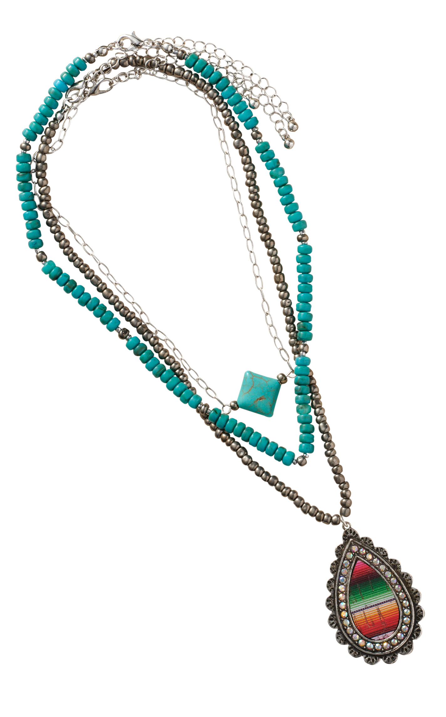 806 by Pink Panache Silver & Turquoise Serape Teardrop 3 Strand Necklace - Image 1