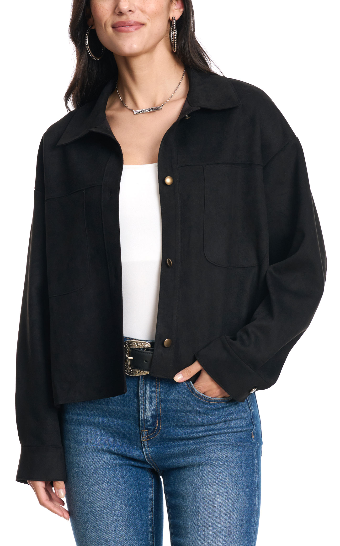 Moa Moa Women's Black Faux Suede Cropped Shacket - Image 1