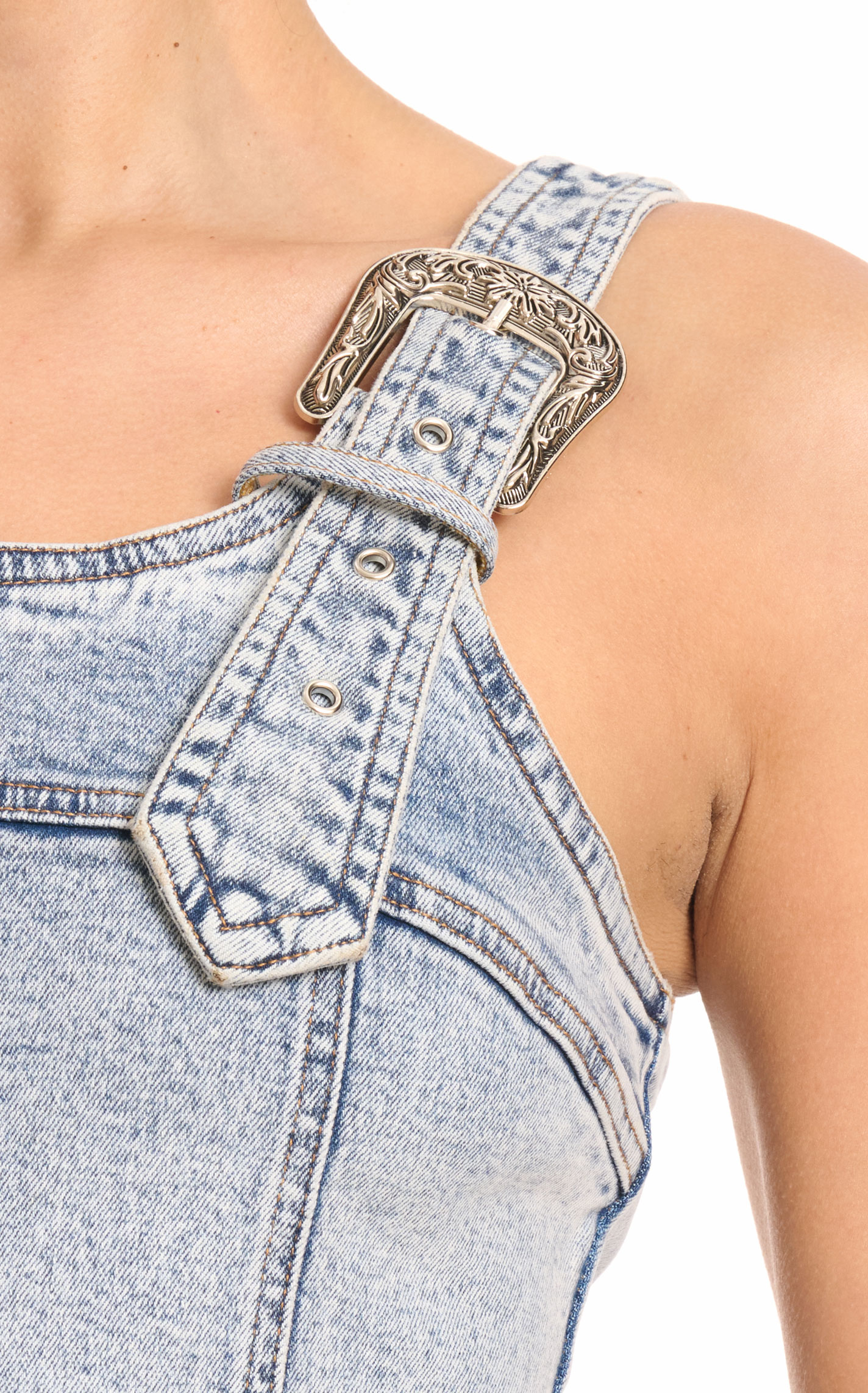 Blue B Women's Light Wash Straps & Buckles Back Zip Dress - Image 1