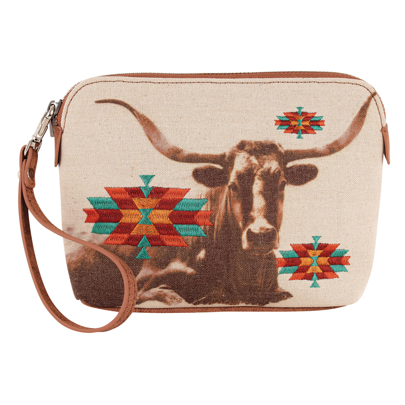 Catchfly Toasted Sand Longhorn Embroidered Aztec Cosmetic Bag - Image 1