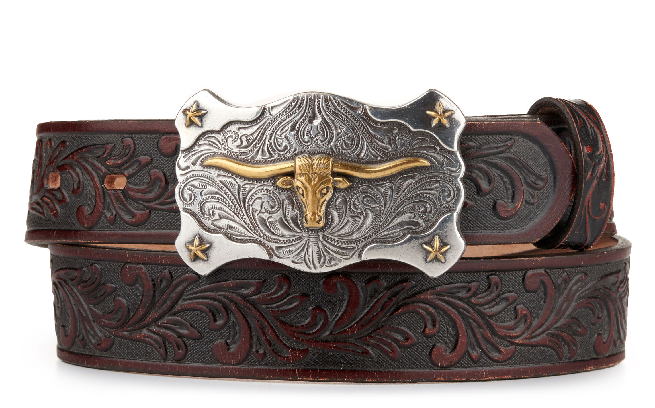Tony Lama Kids' Brown with Texas Longhorn Buckle Tooled Belt - Image 1
