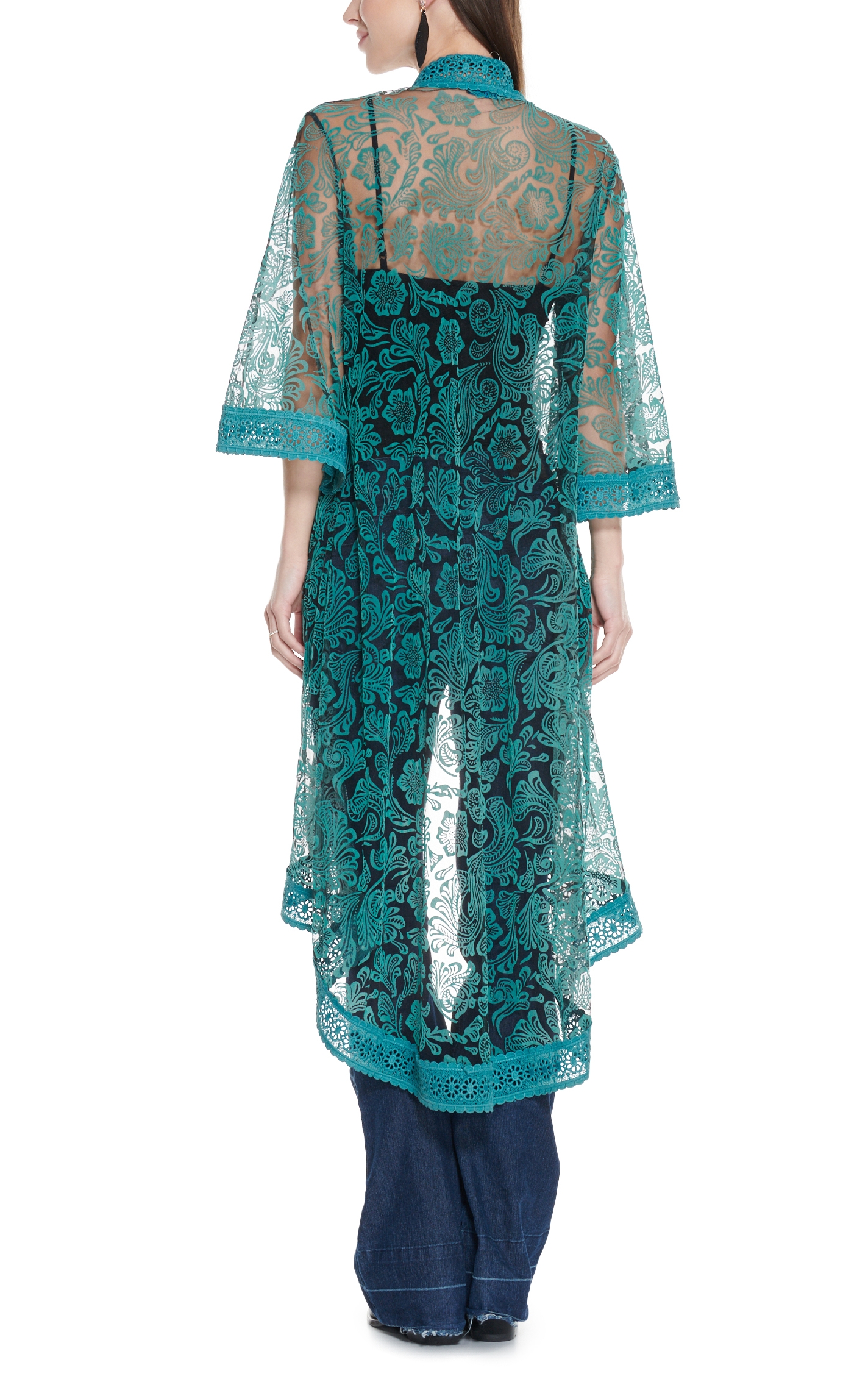 Fashion Express Women's Turquoise Floral Lace 3/4 Bell Sleeve Duster Kimono - Image 1