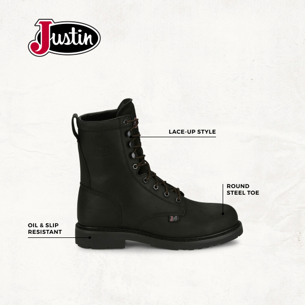 Justin Men's Black Lace-Up Waterproof Round Steel Toe Work Boots - Image 1