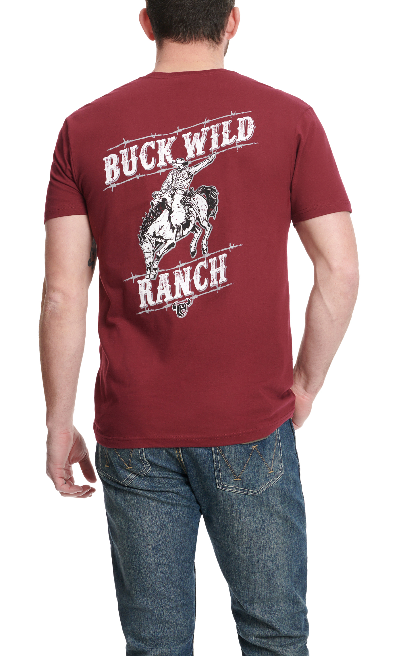 Cowboy Hardware Men's Burgundy Buck Wild Ranch Graphic Short Sleeve T-Shirt - Image 1
