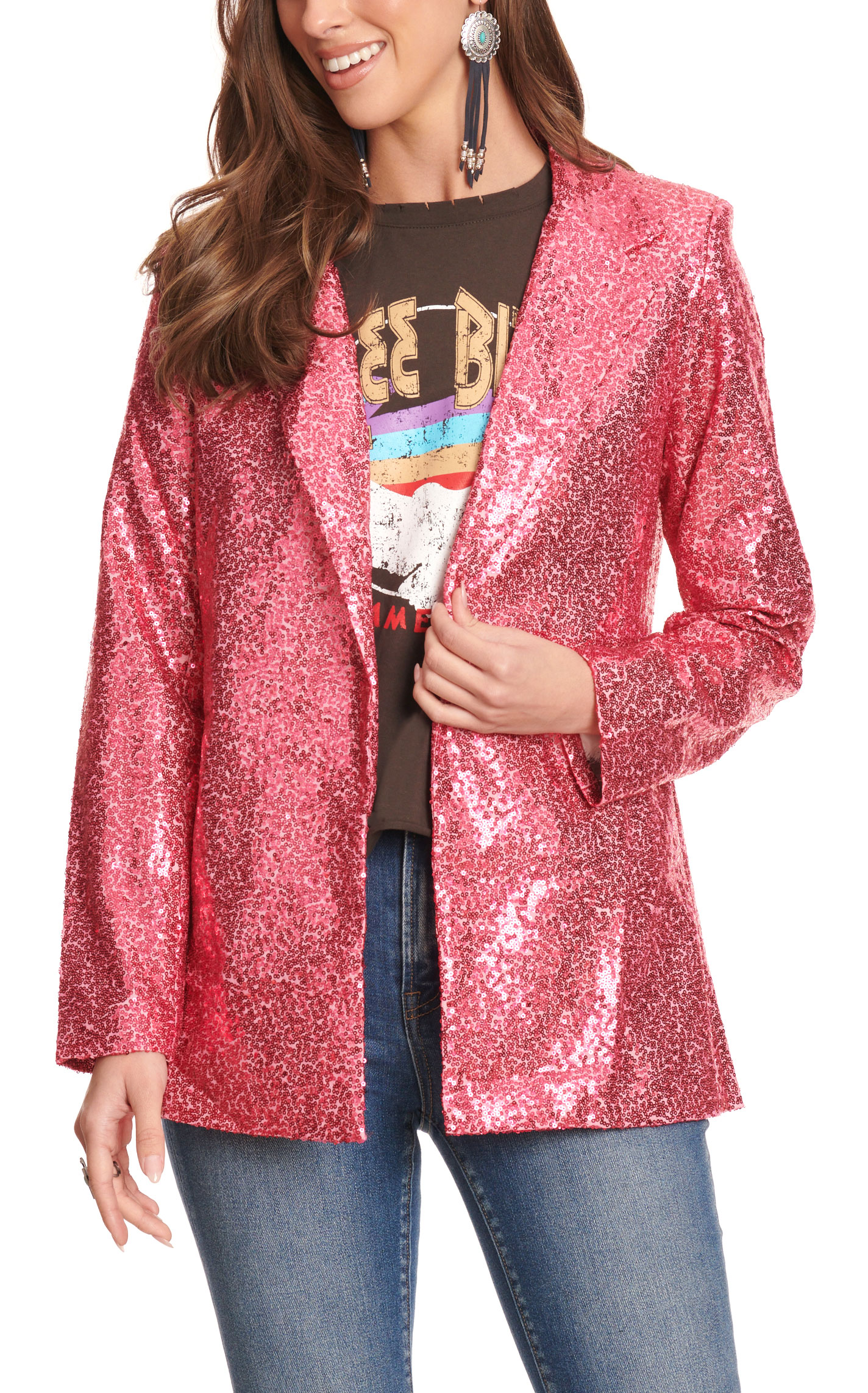 Daisy Rae Women's Pink Sequins with Cow Print Lining Blazer Jacket - Image 1