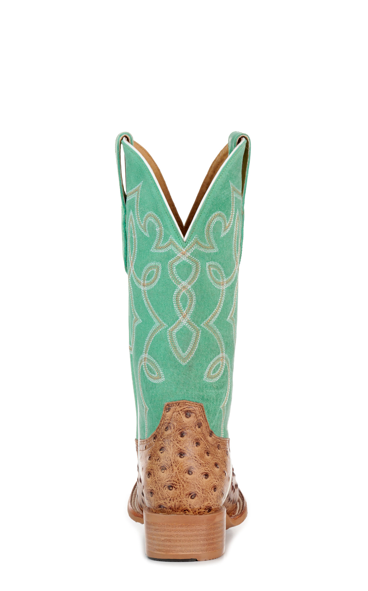 Cavender’s Women’s Intrepid Saddle Tan Ostrich Print and Green Wide Square Toe Cowboy Boots  - Image 1