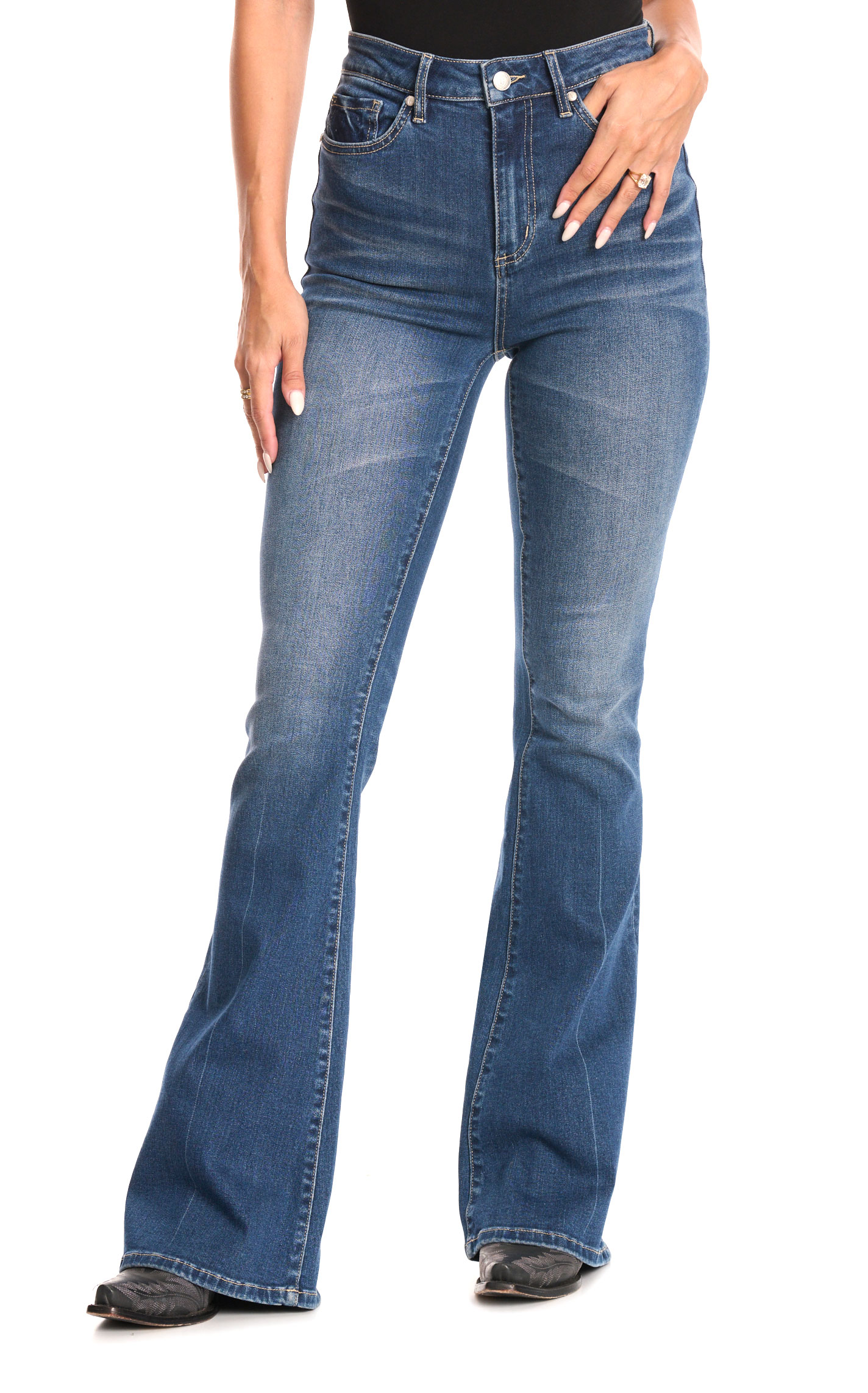 Rockin C Women's Dark Wash Crease Flare Leg Jeans - Image 1