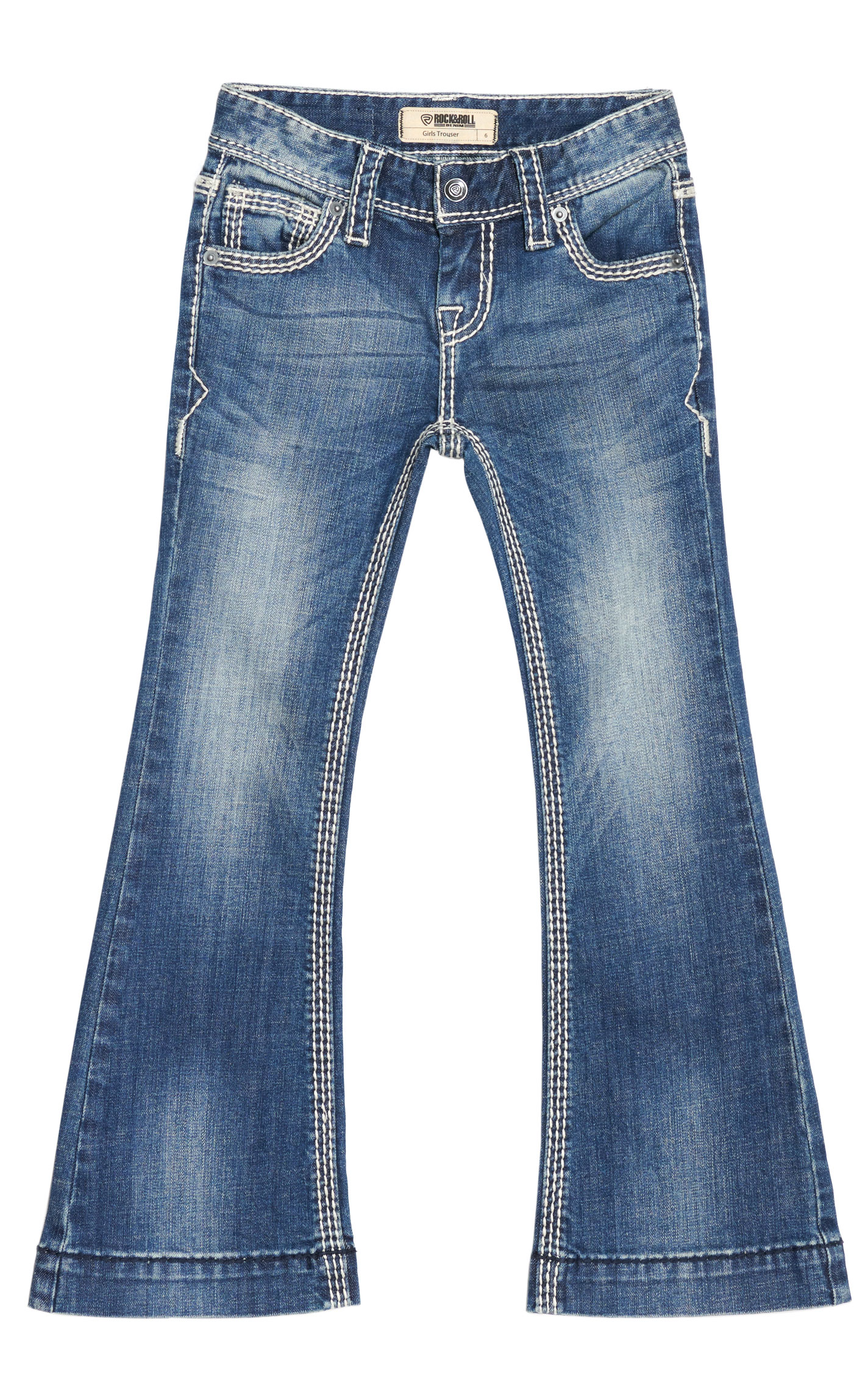 Rock & Roll Cowgirl Girl's Dark Wash Embroidered Pockets Extra Stretch Vintage Trouser Jeans - Image 1