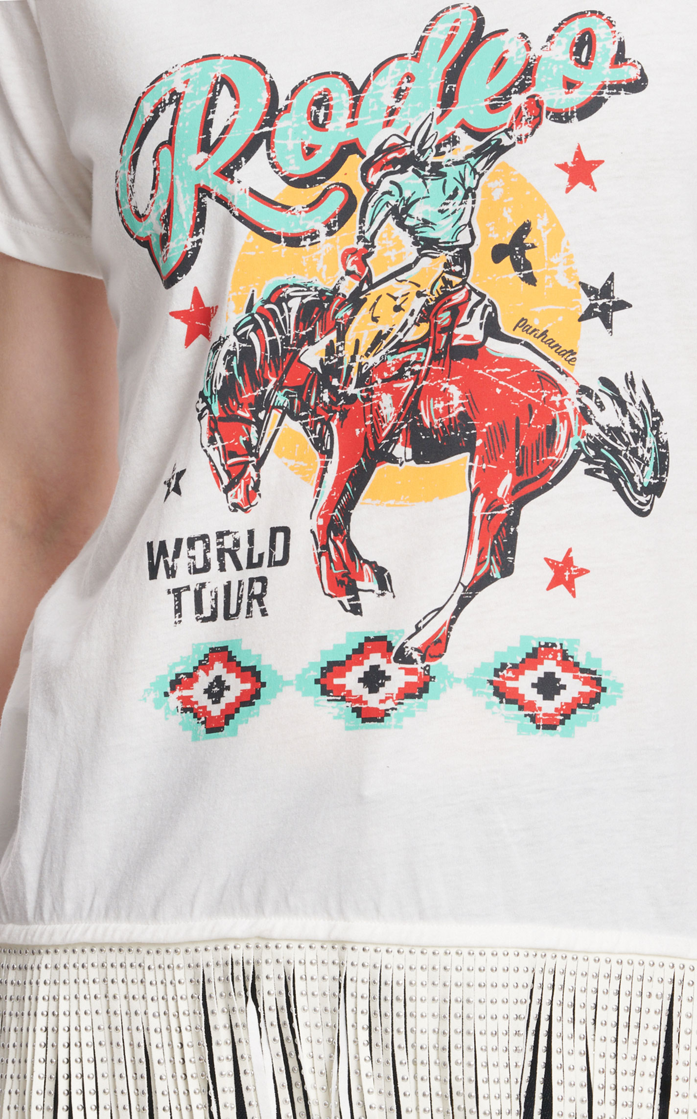 Panhandle Women's White Aztec Rodeo Studded Fringe T-Shirt - Image 1