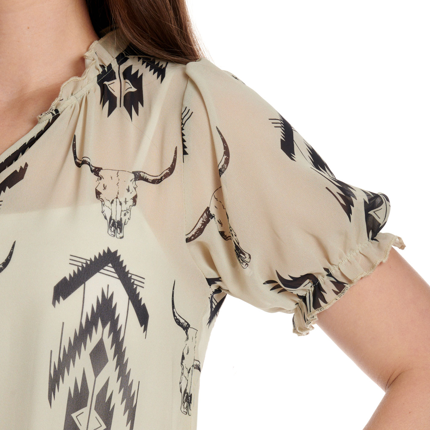 Cowgirl Hardware Women's Cream & Black Steer Print Sheer Top - Image 2