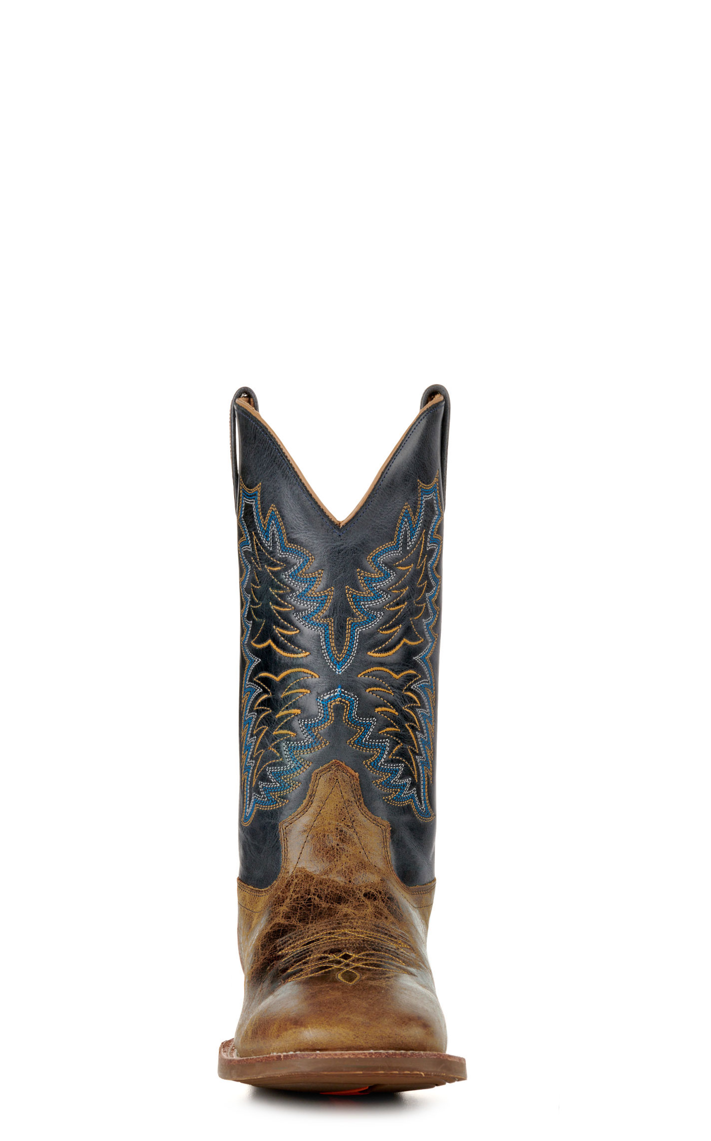 Old West Men's Burnt Brown and Navy Wide Square Toe Cowboy Boots - Image 1