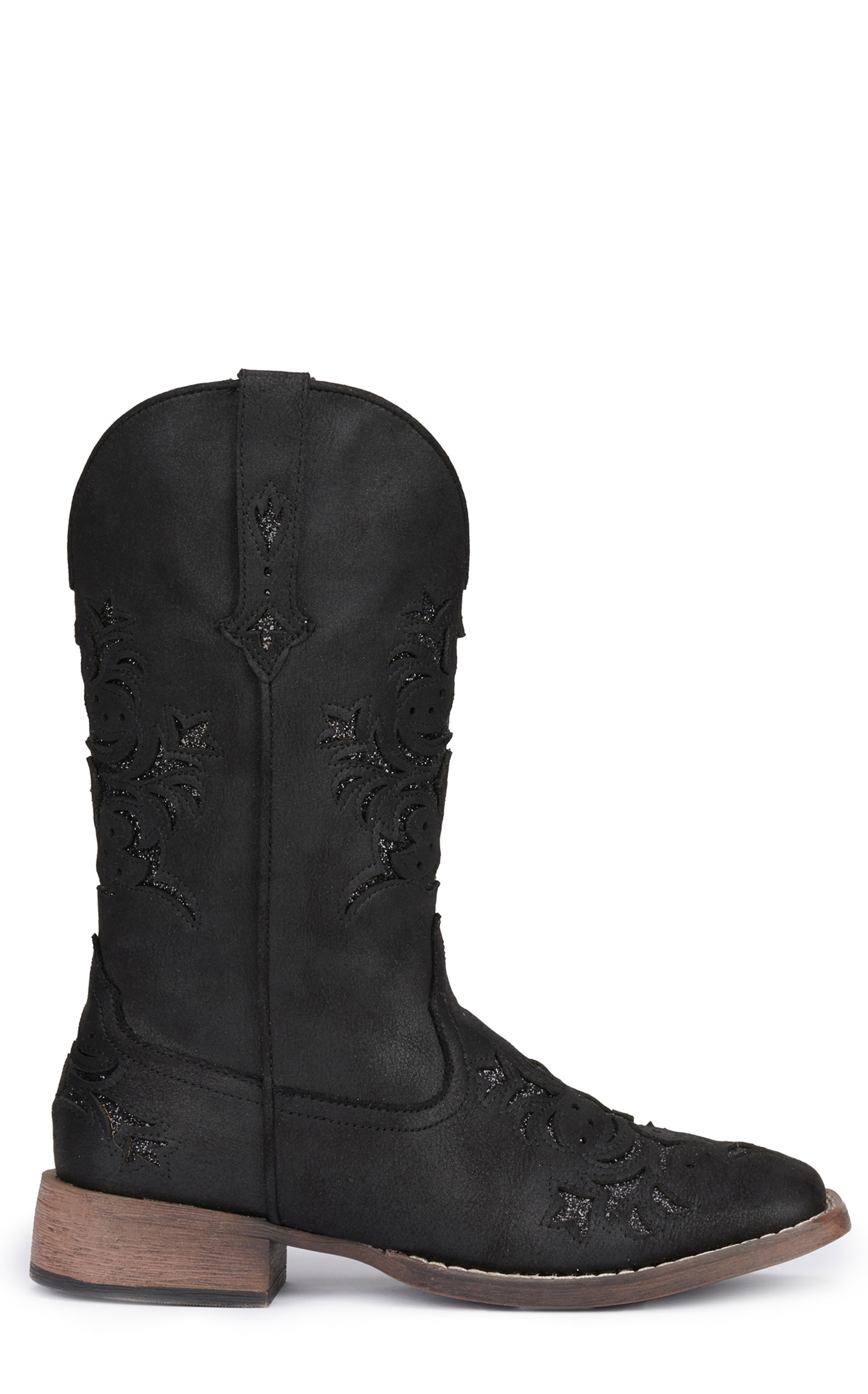 Roper Women's Kennedy Black with Glitter Inlay Wide Square Toe Cowboy Boots - Image 1