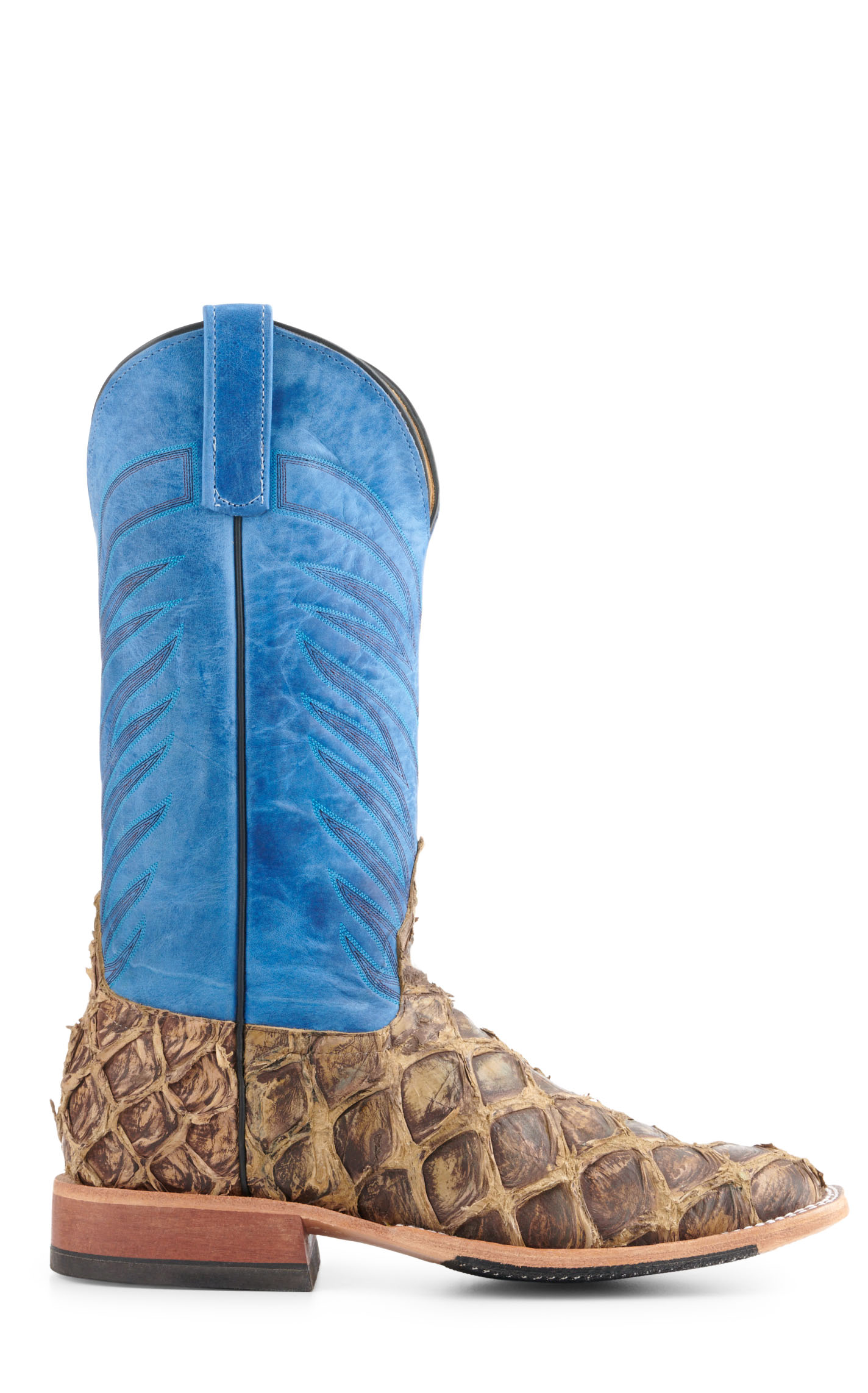 Anderson Bean Men's Blue and Rustic Saddle Brown Big Bass Wide Square Toe Hybrid Exotic Cowboy Boots - Image 1