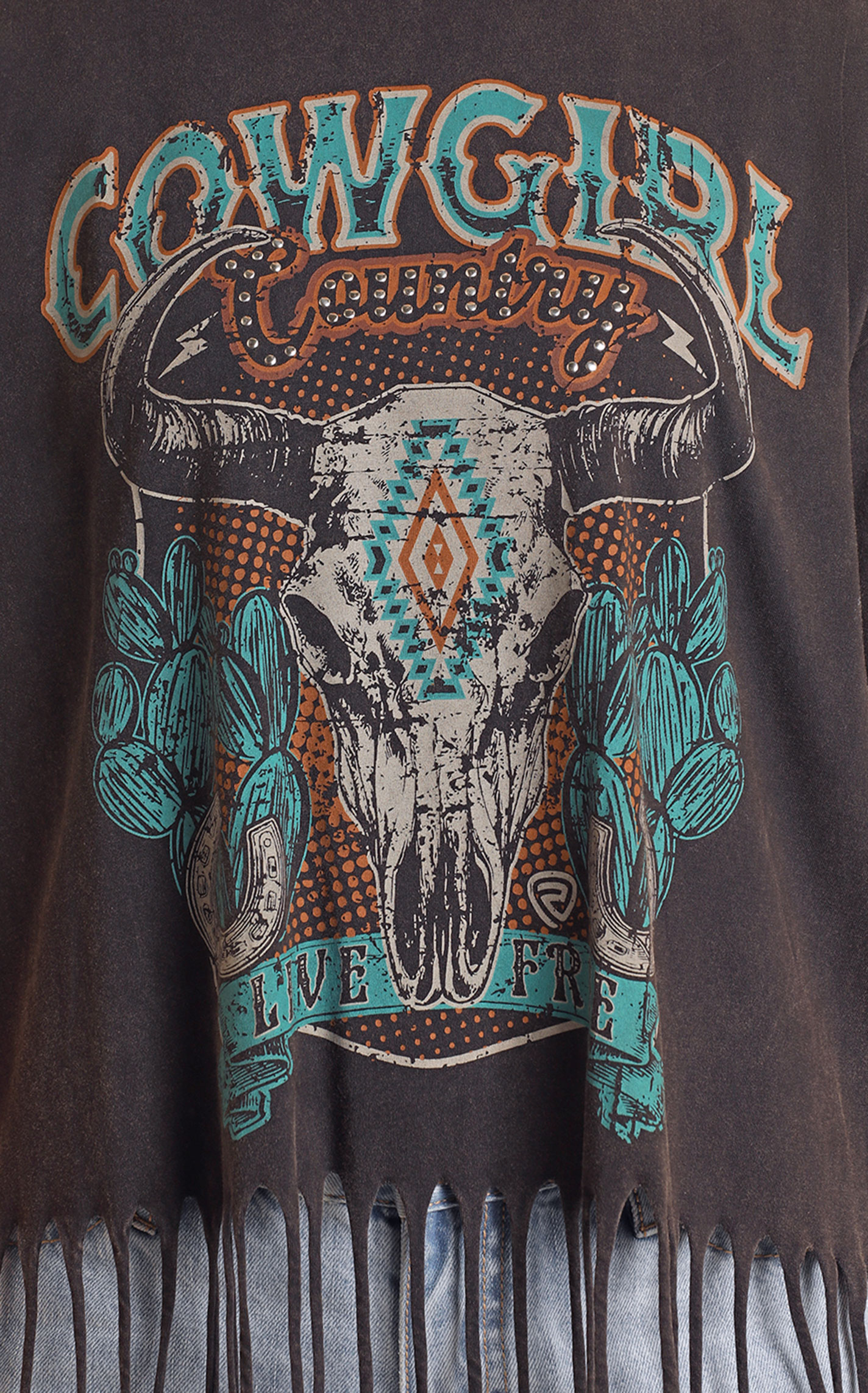 Rock & Roll Denim Women's Black Fringed COWGIRL Graphic T-Shirt - Image 1