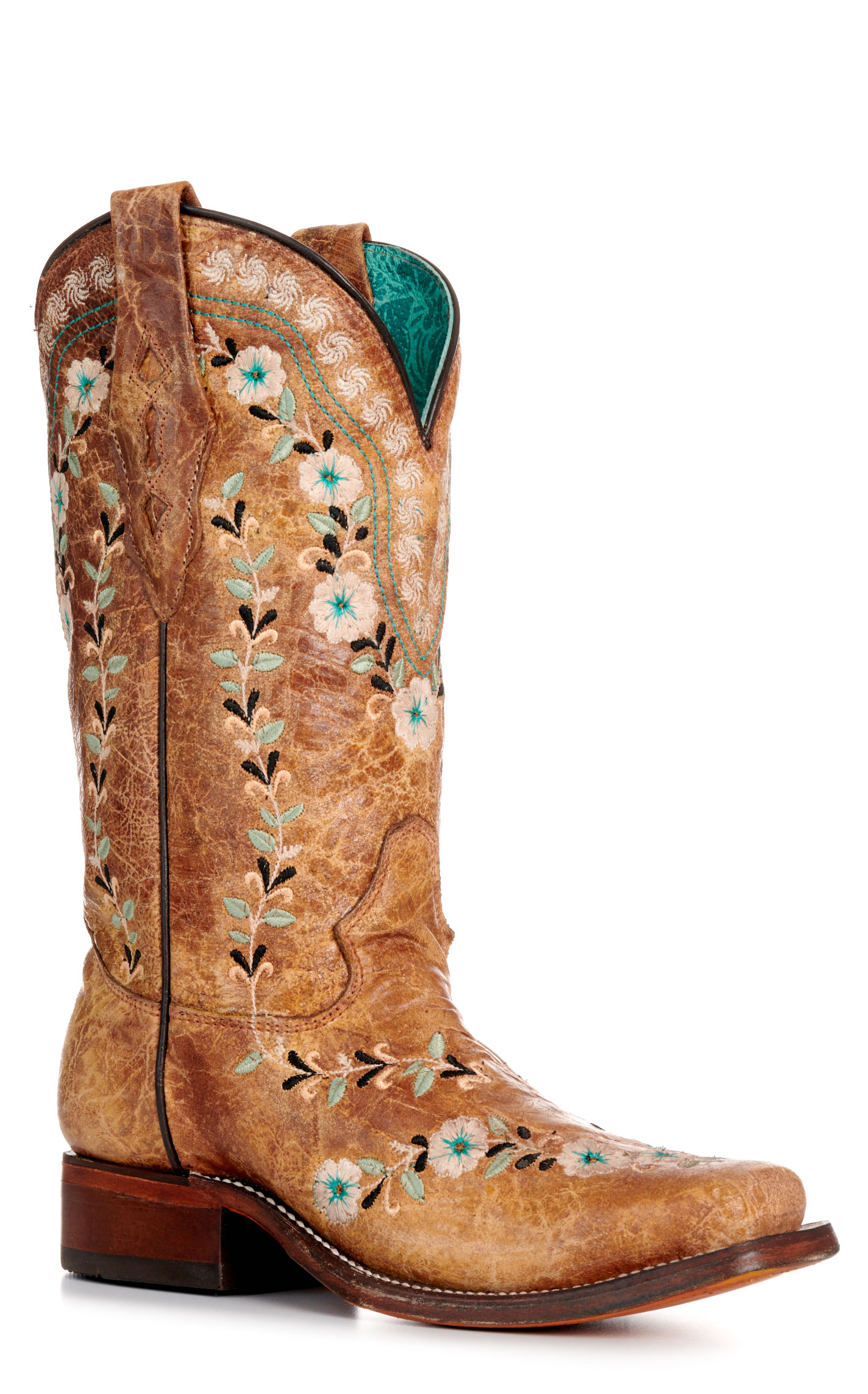 Corral Women's Distressed Cognac with Floral Embroidery Glow in the Dark Square Toe Cowboy Boots - Image 1