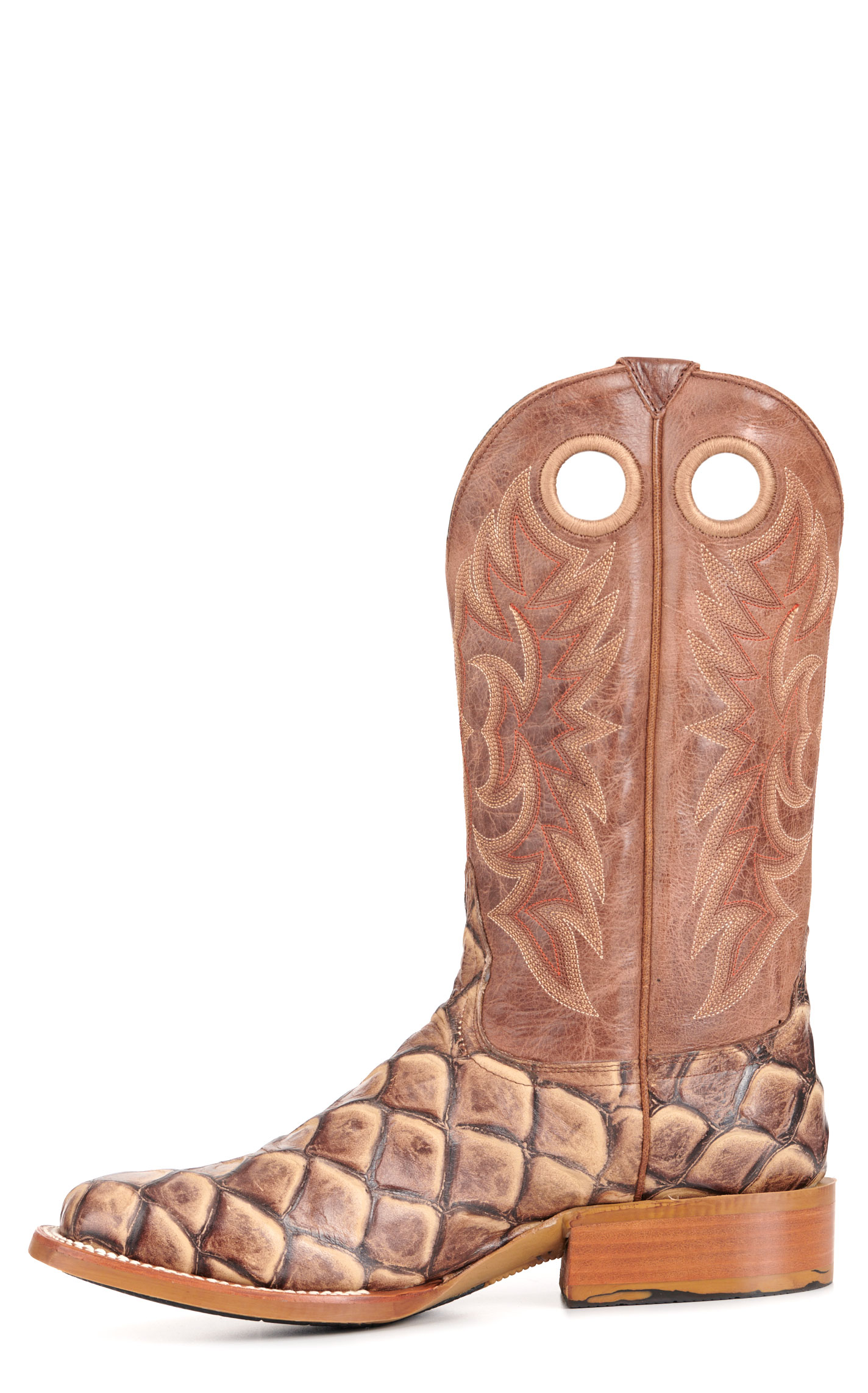 Cavender's Men's Intrepid Cognac and Sand Pirarucu Print Wide Square Toe Cowboy Boots - Image 1