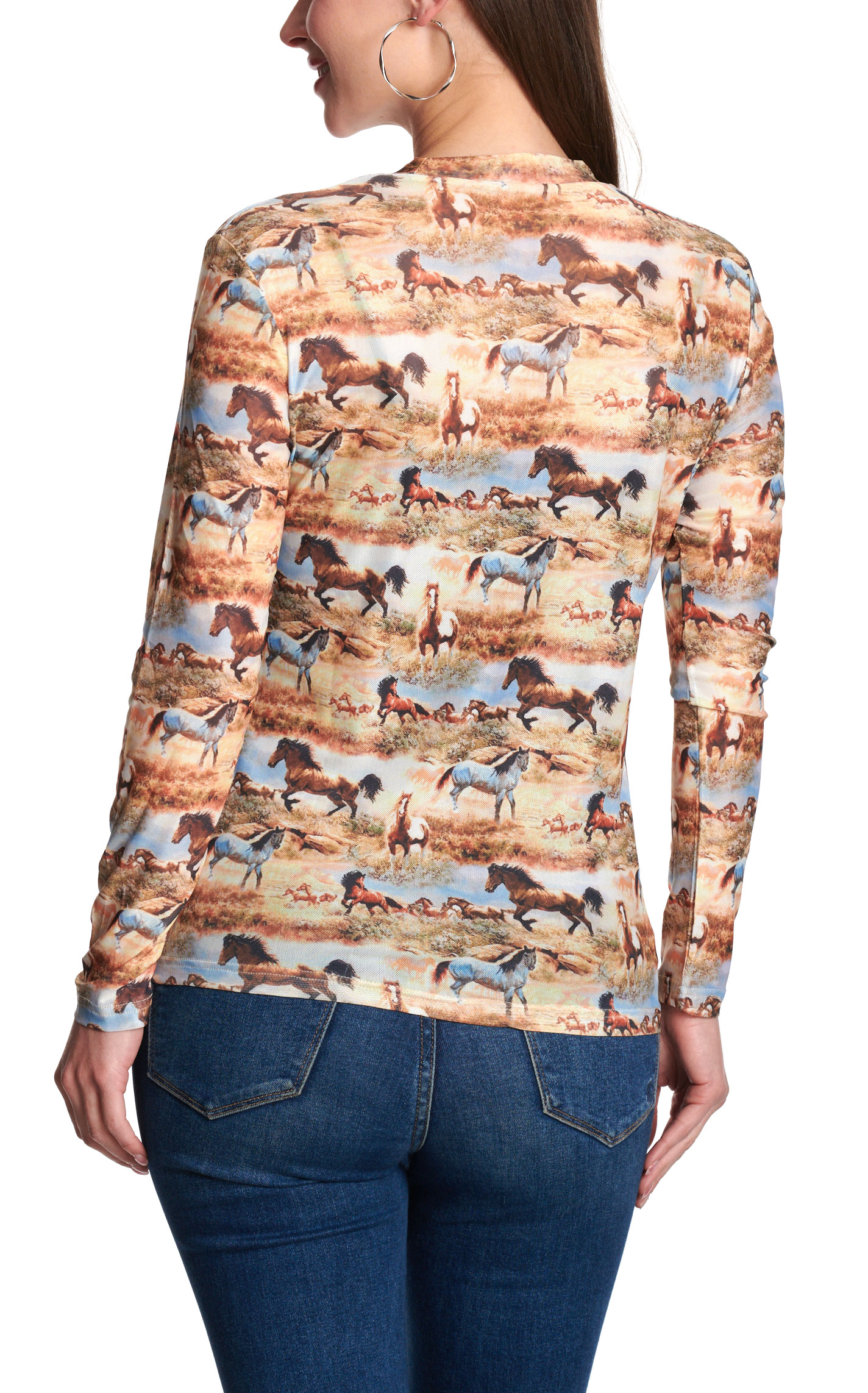 Merigold Kiss Women’s Multicolor Wild Horse Print Mesh Shirt - Image 1
