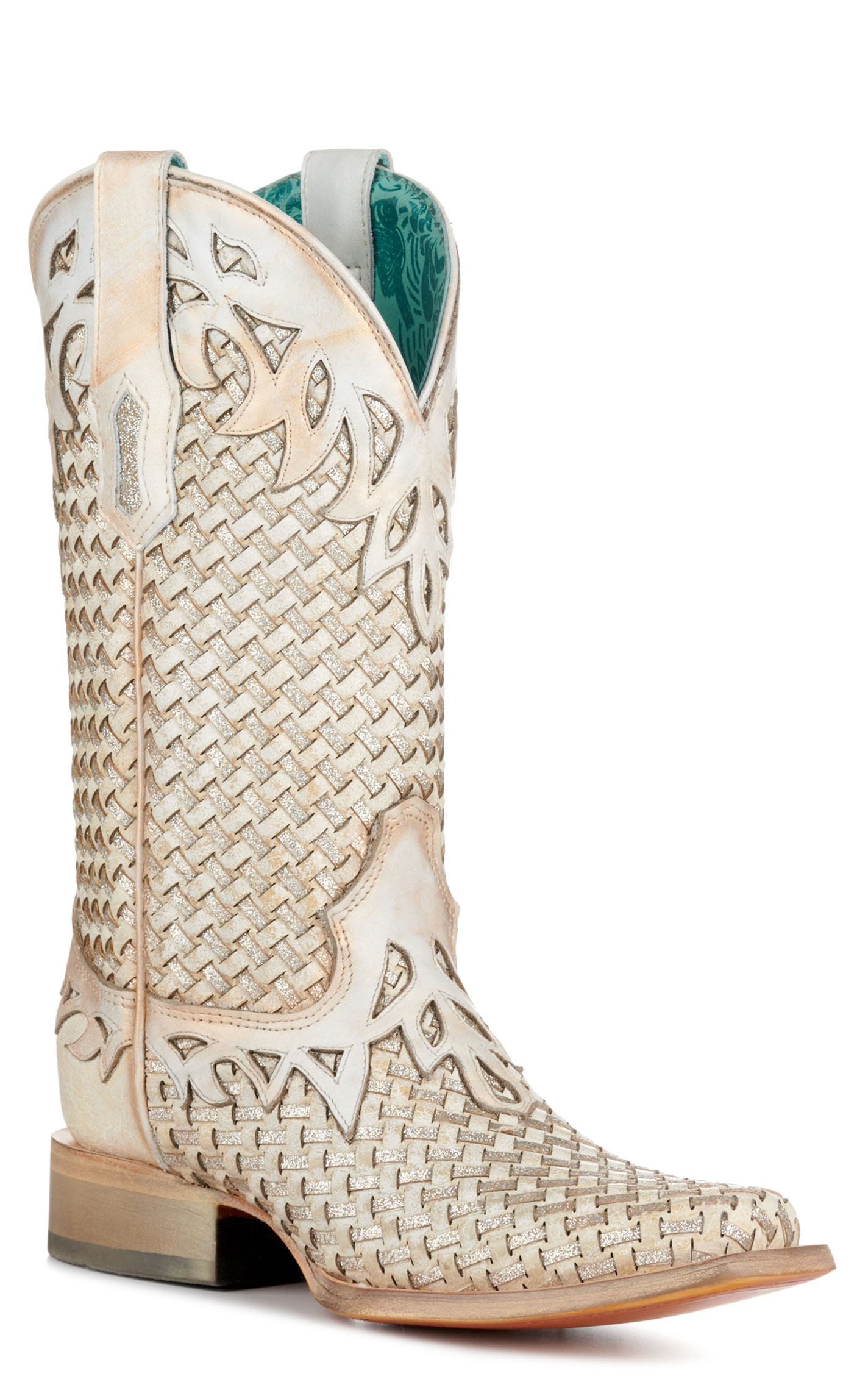 Corral Women's Natural White and Glitter Woven Wide Square Toe Cowboy Boots - Image 1