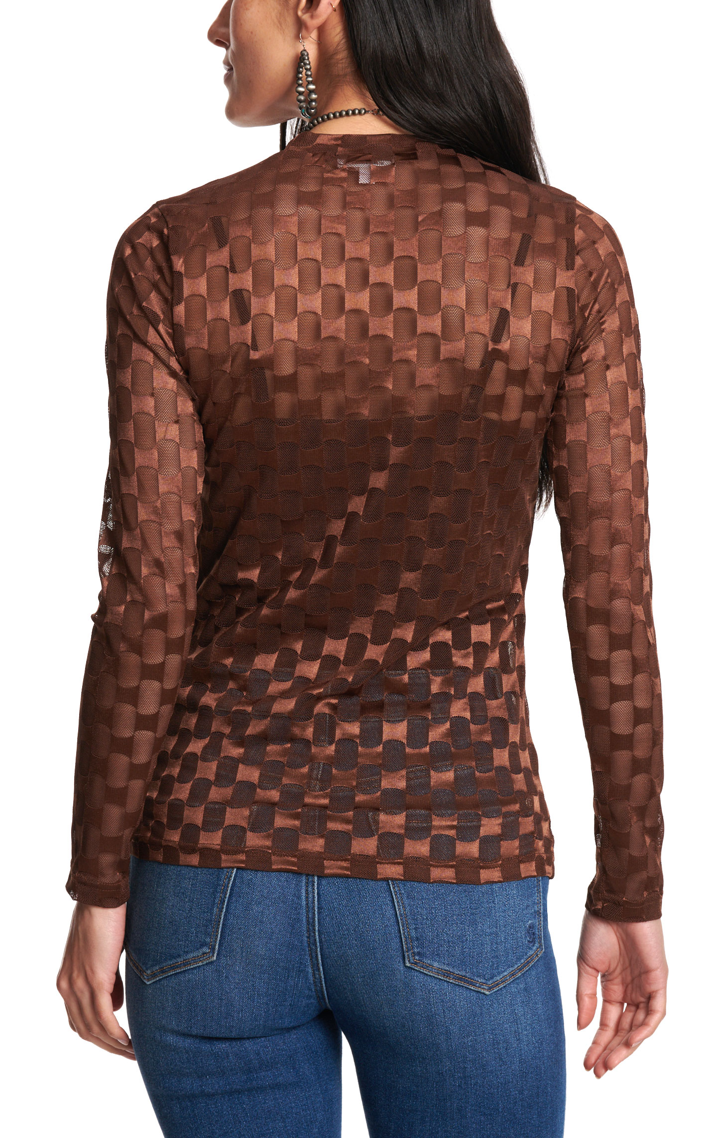 Marigold Kiss Women's Coppery Brown Checker Print Mesh Top - Image 1