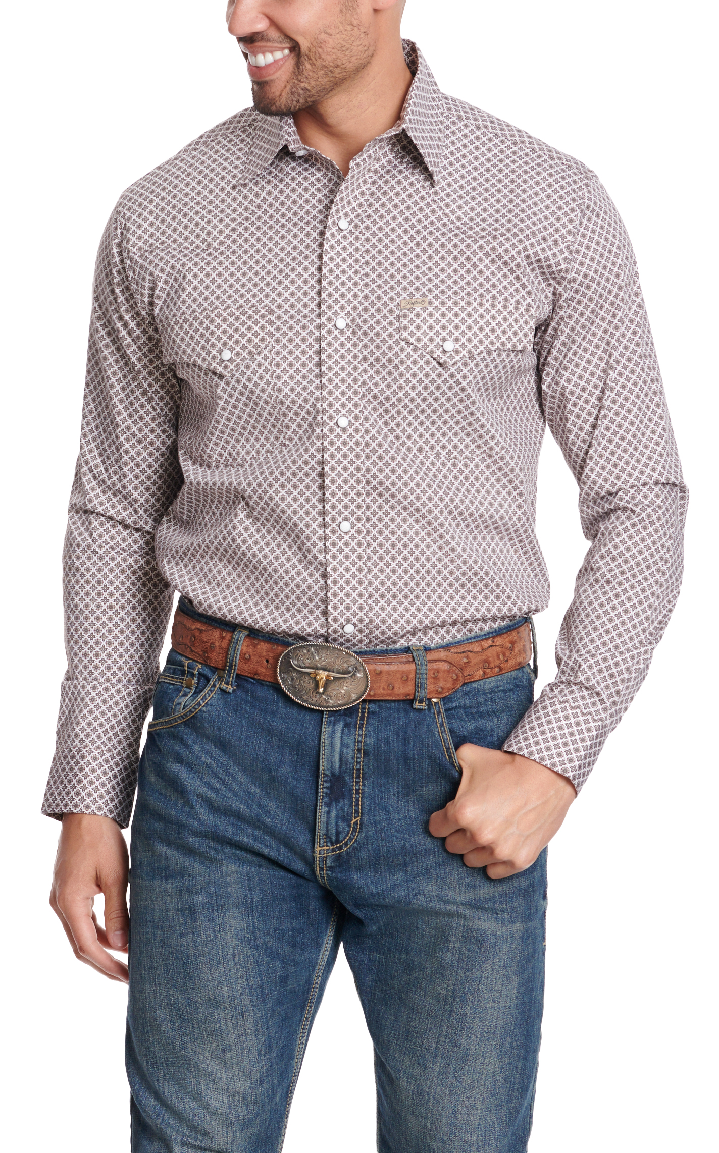 Rafter C Men's ProFlex45 Taupe Geo Print Long Sleeve Western Shirt - Image 1