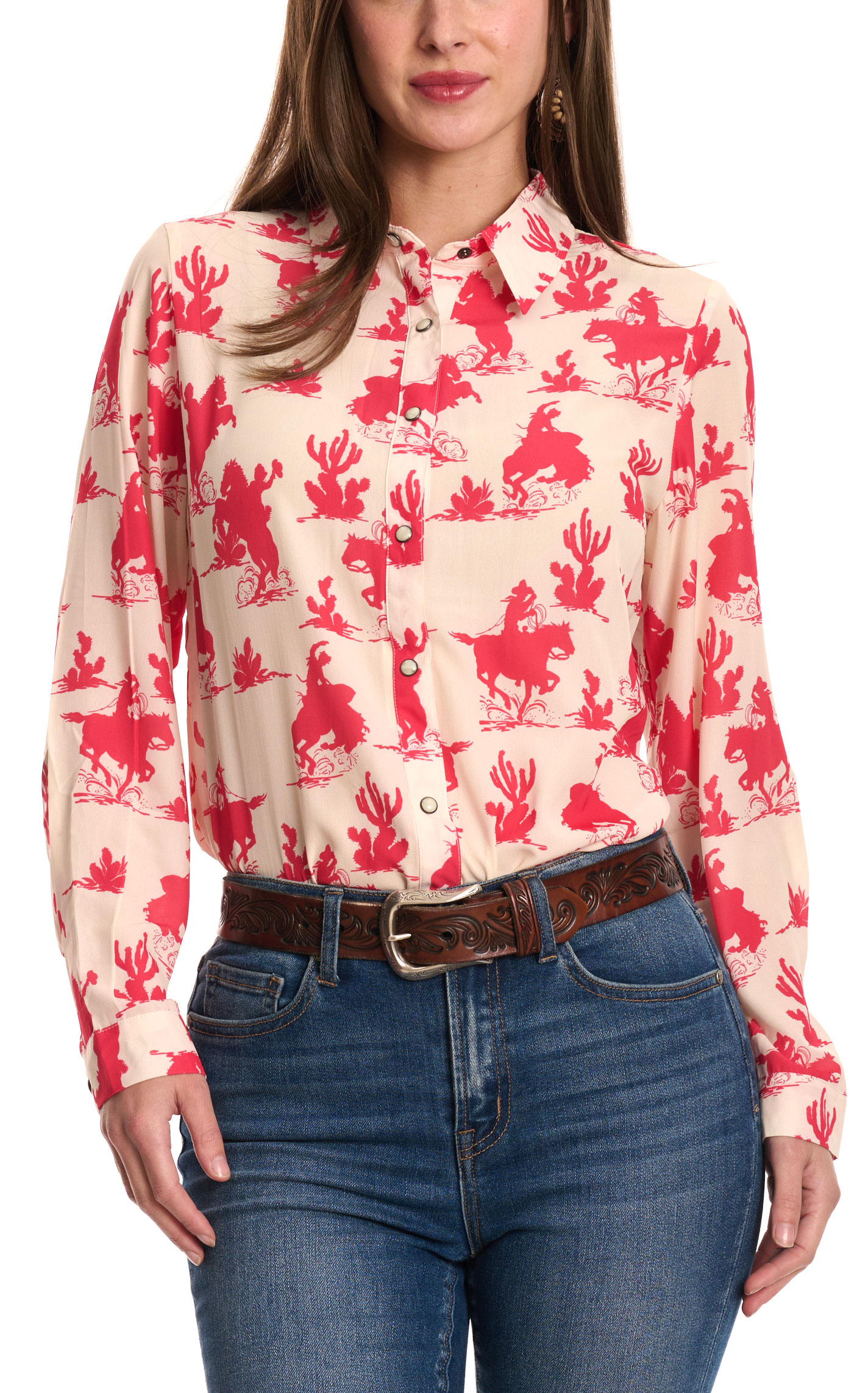 Fashion Express Women's Cream & Red Western Print Top - Image 1