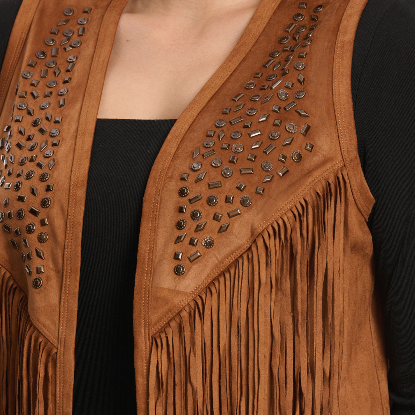 Cripple Creek Women's Caramel Faux Suede Studs & Fringe Vest - Image 1