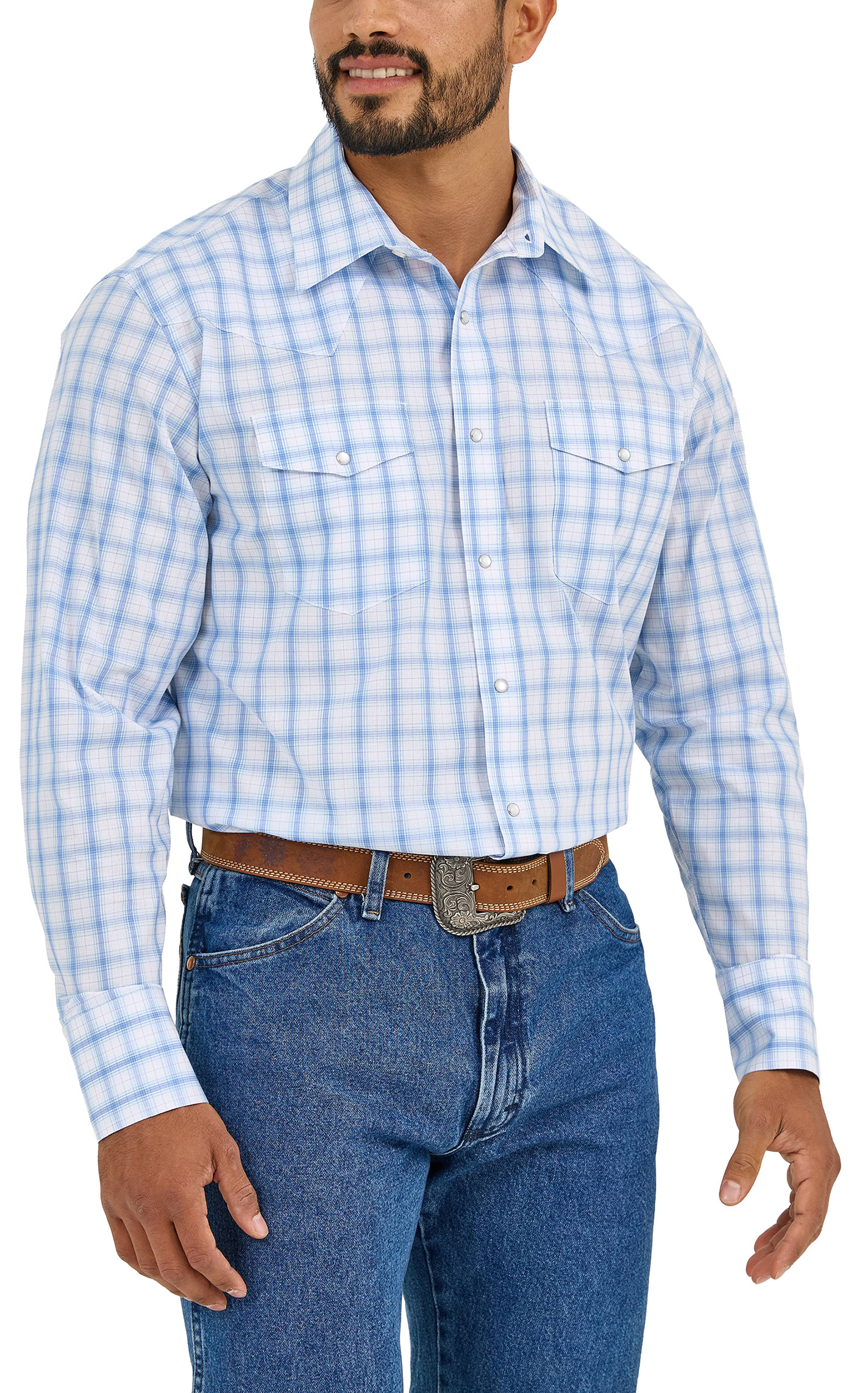 Wrangler Men's Blue & White Plaid Long Sleeve Western Shirt - Image 1