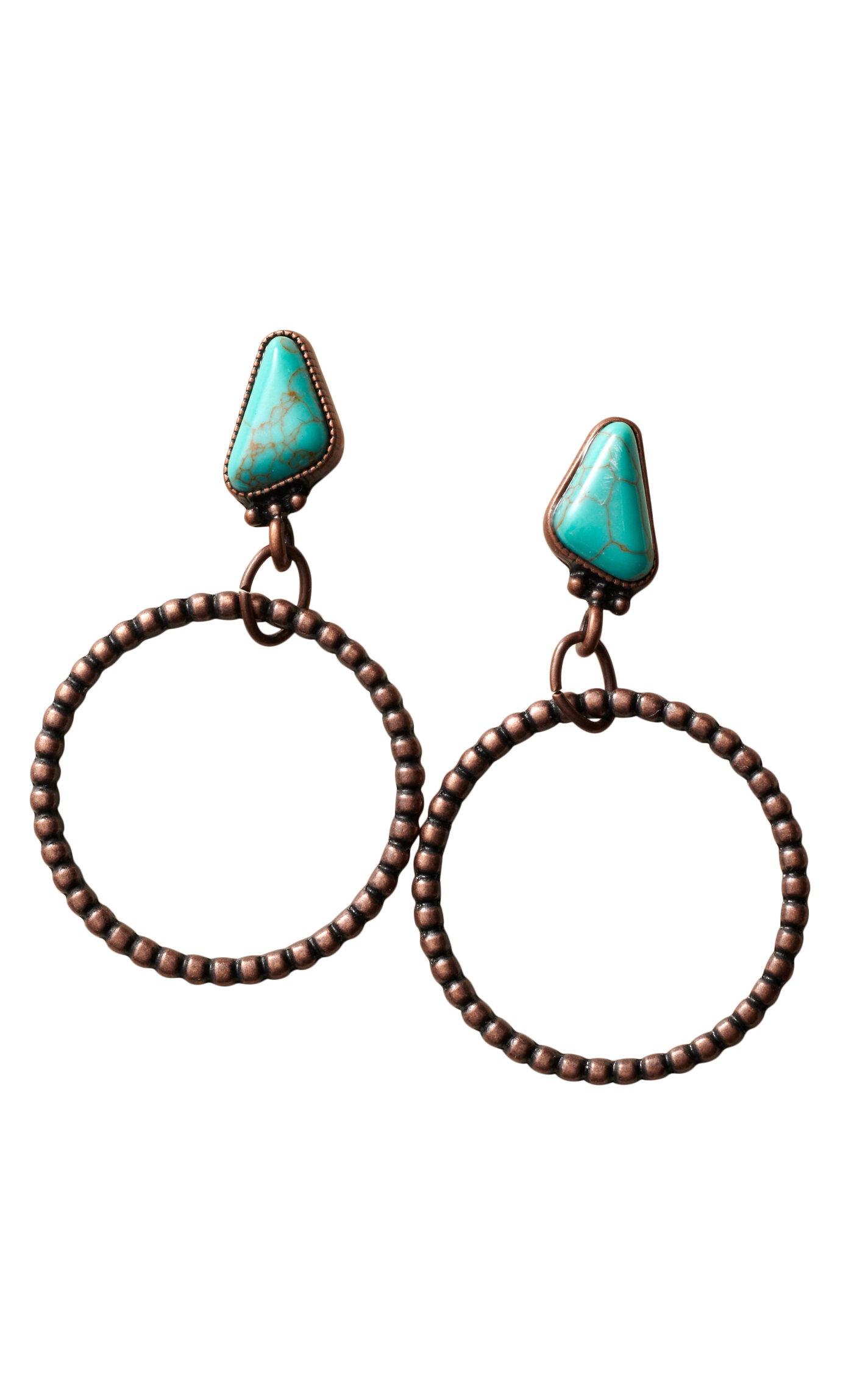 Rockin C Antique Copper Turquoise Stone Beaded Hoop Earrings - Image 1