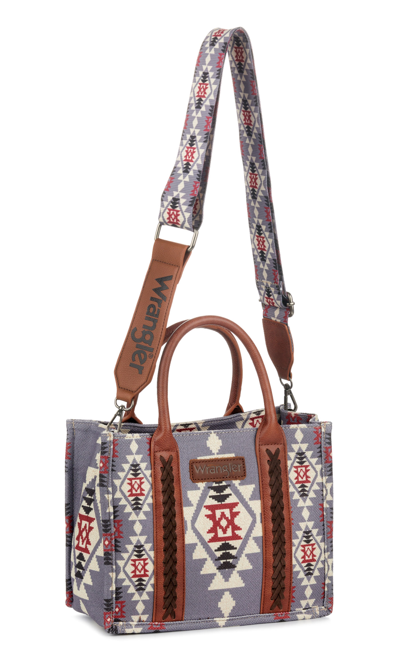 Wrangler Rosy Stone Gray & Rich Red Aztec Print Leather Handle Guitar Strap Crossbody Bag - Image 1