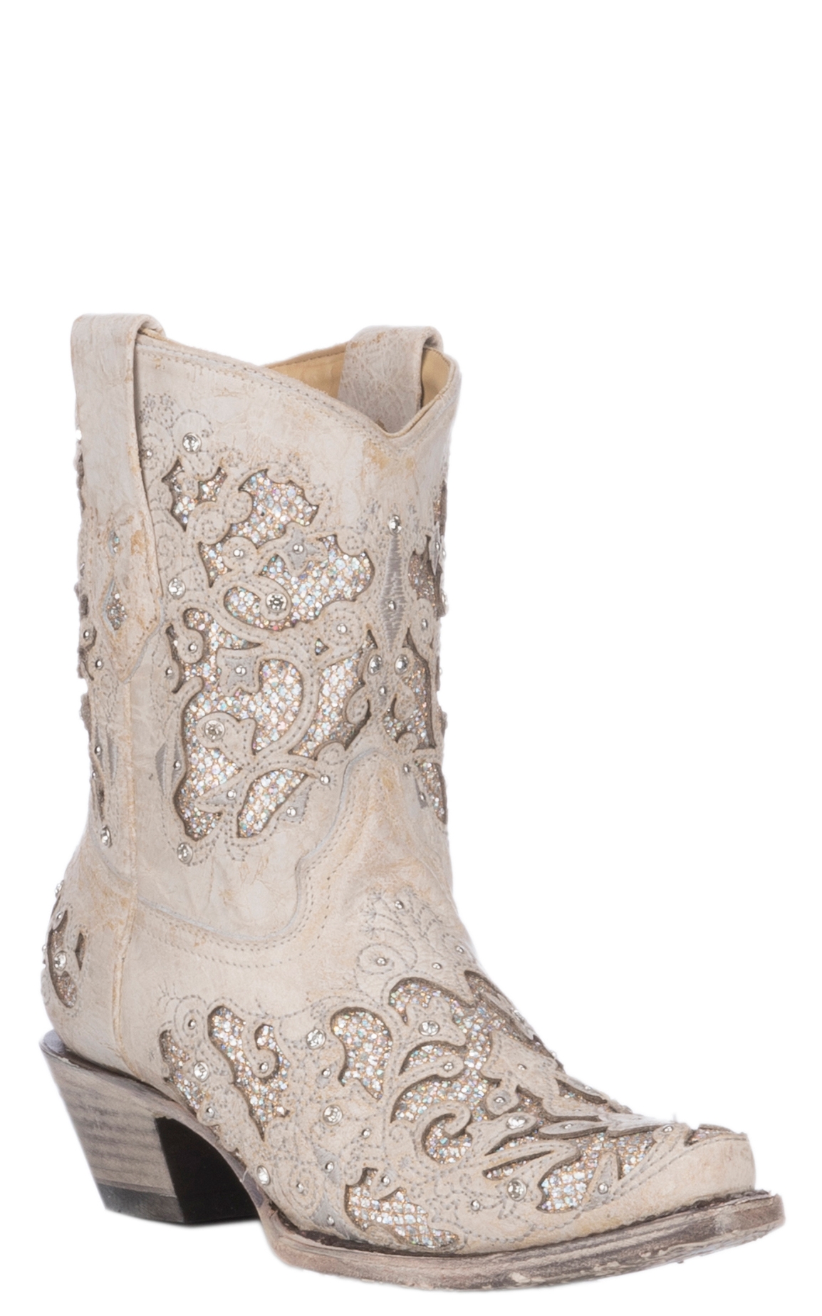 Corral Women's White Leather & Crystals Inlay Wedding Snip Toe Booties - Image 1